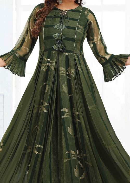 Bottle Green Banaras Georgette Long Dress