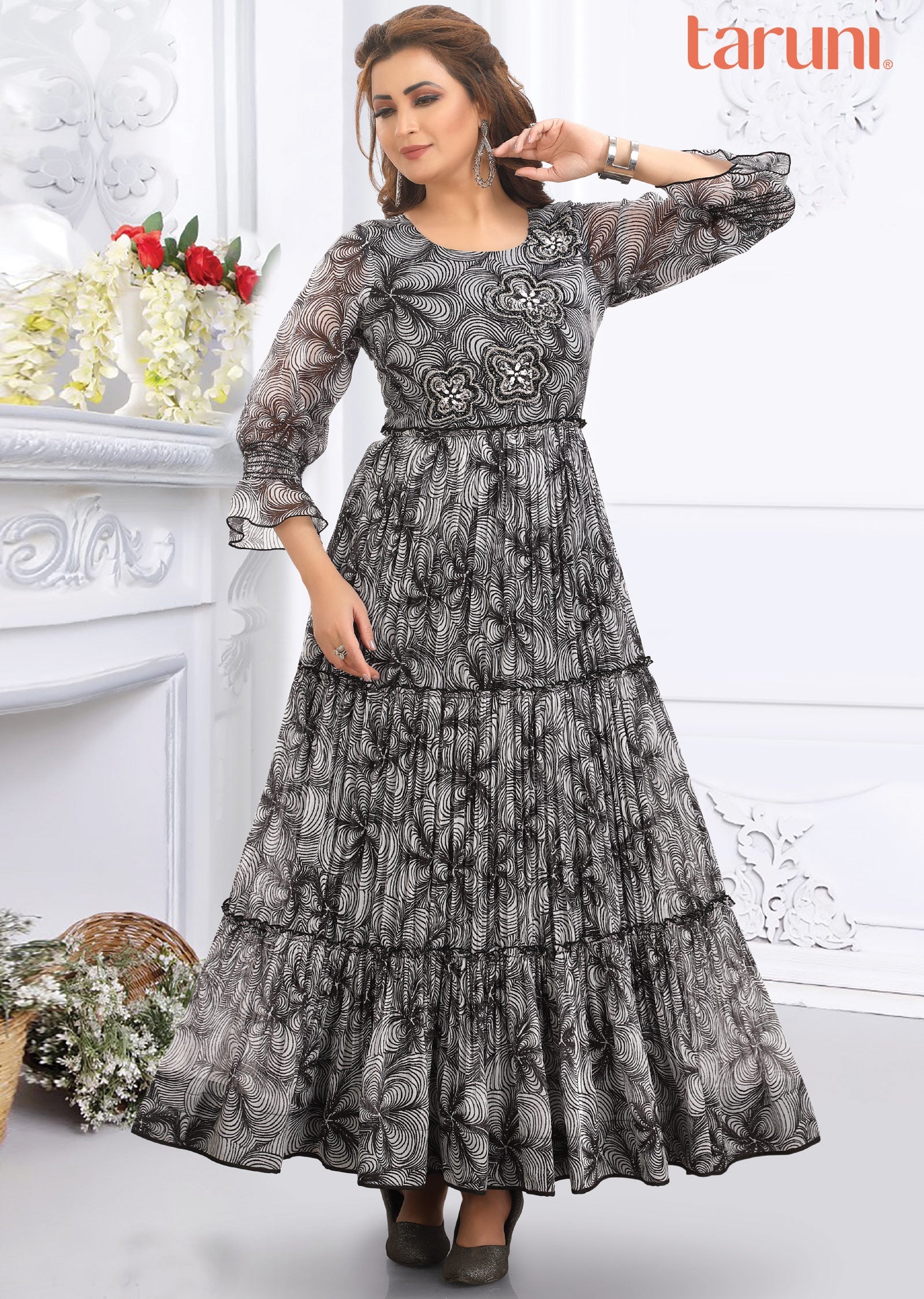 Black & White Chiffon Long Dress
