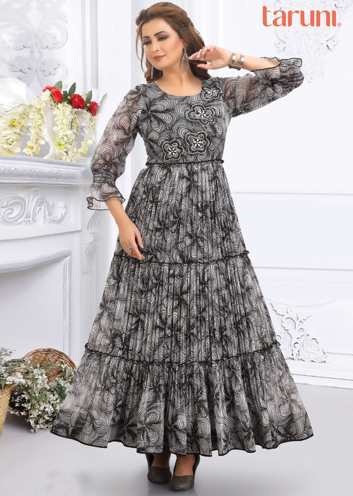 Black & White Chiffon Long Dress