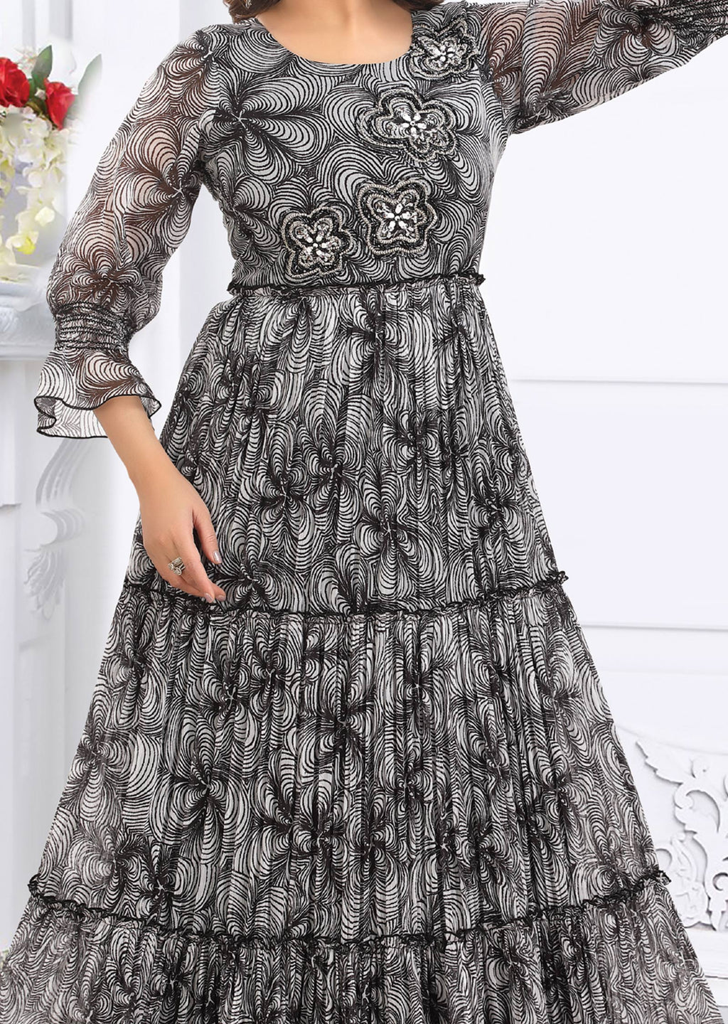 Black & White Chiffon Long Dress