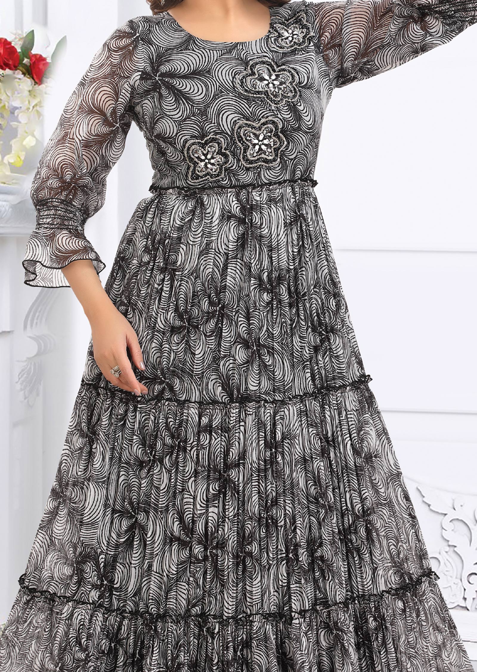 Black & White Chiffon Long Dress