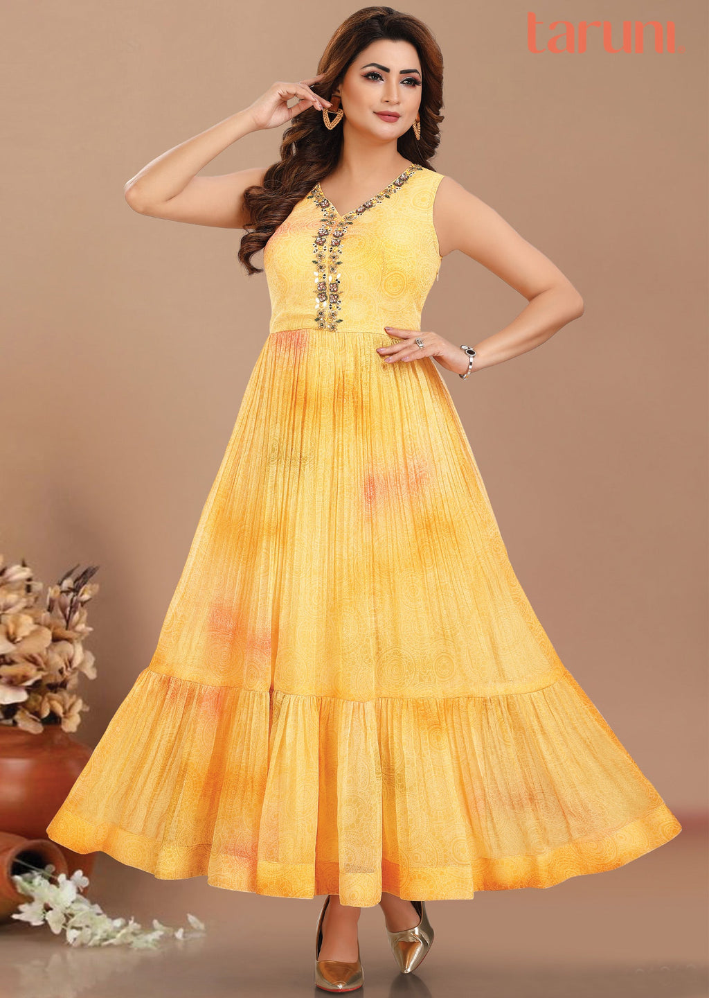 Yellow & Light Orange Tissue Chiffon Long Dress