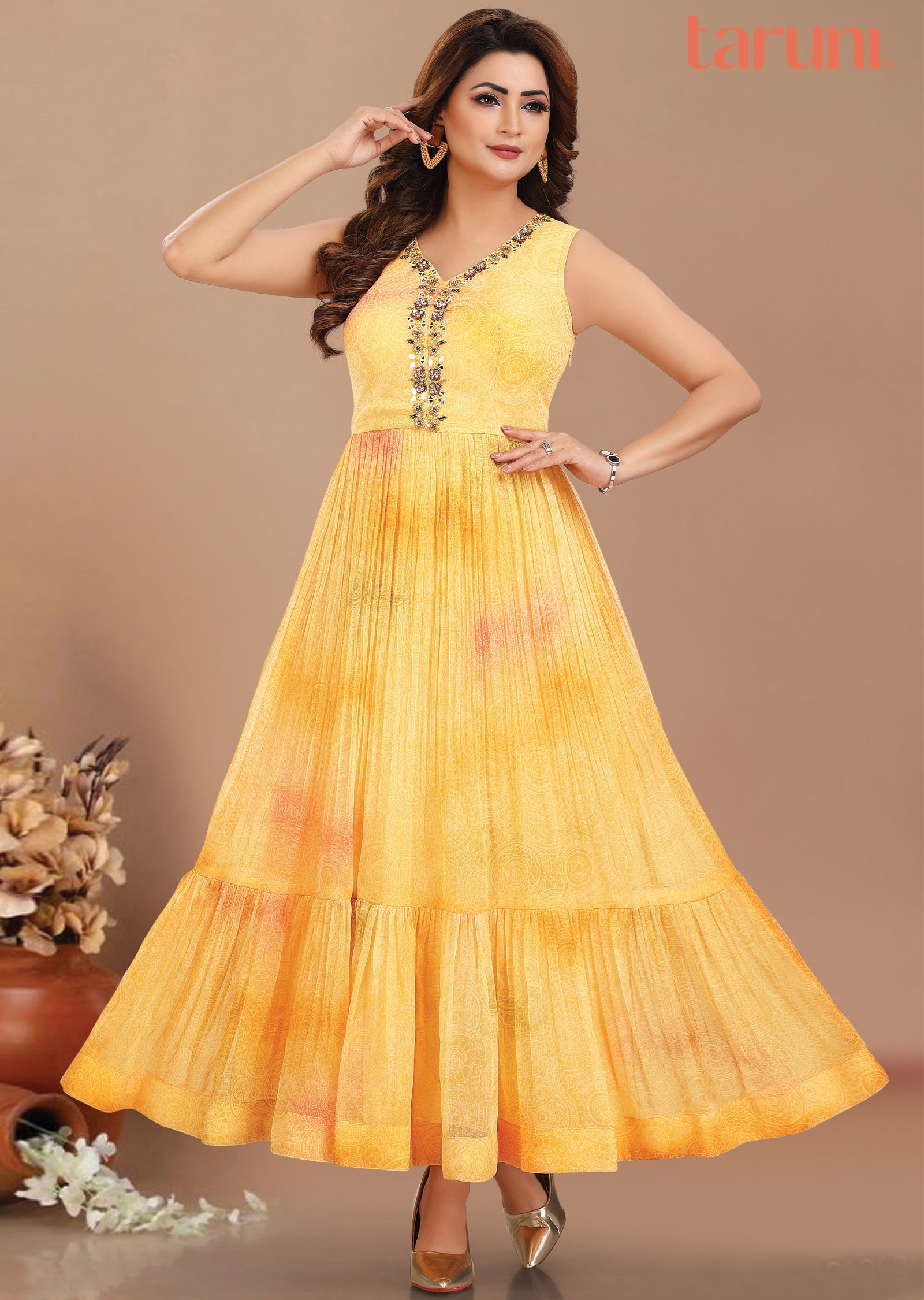 Yellow & Light Orange Tissue Chiffon Long Dress