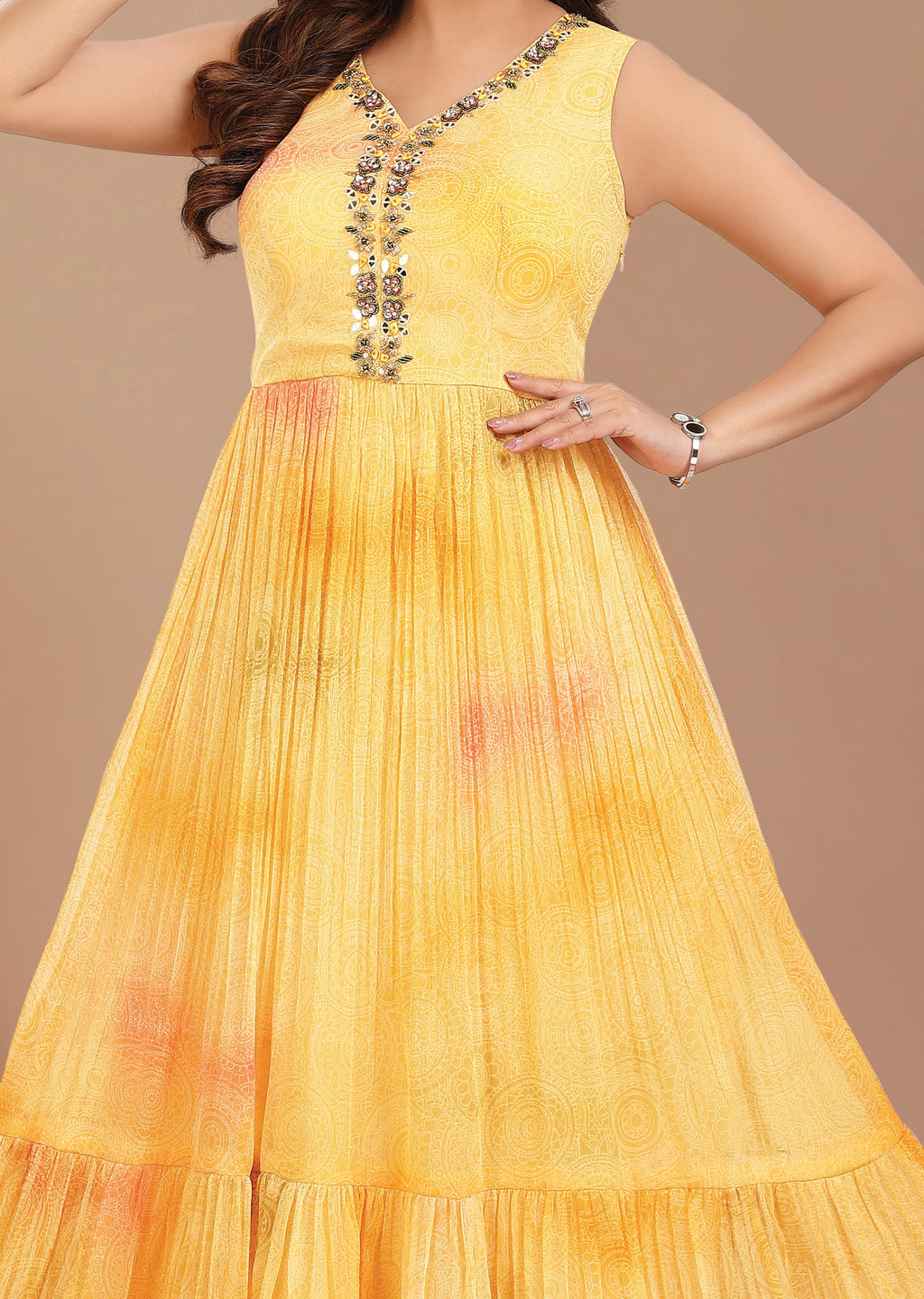Yellow & Light Orange Tissue Chiffon Long Dress