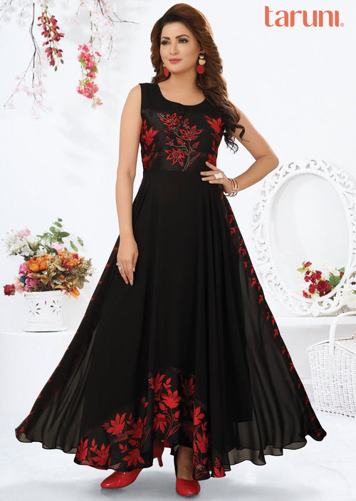 Black & Red Satin Georgette Long Dress