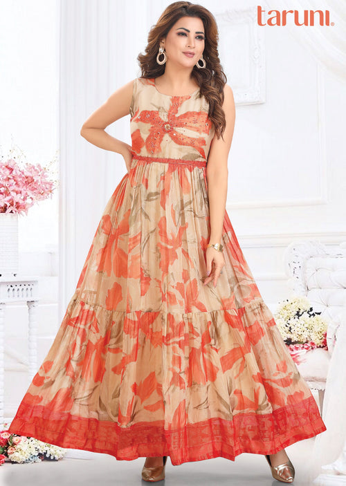 Dusty Peach & Orange Brasso Chiffon Long Dress