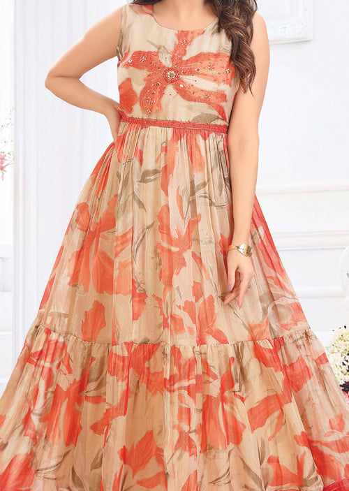 Dusty Peach & Orange Brasso Chiffon Long Dress