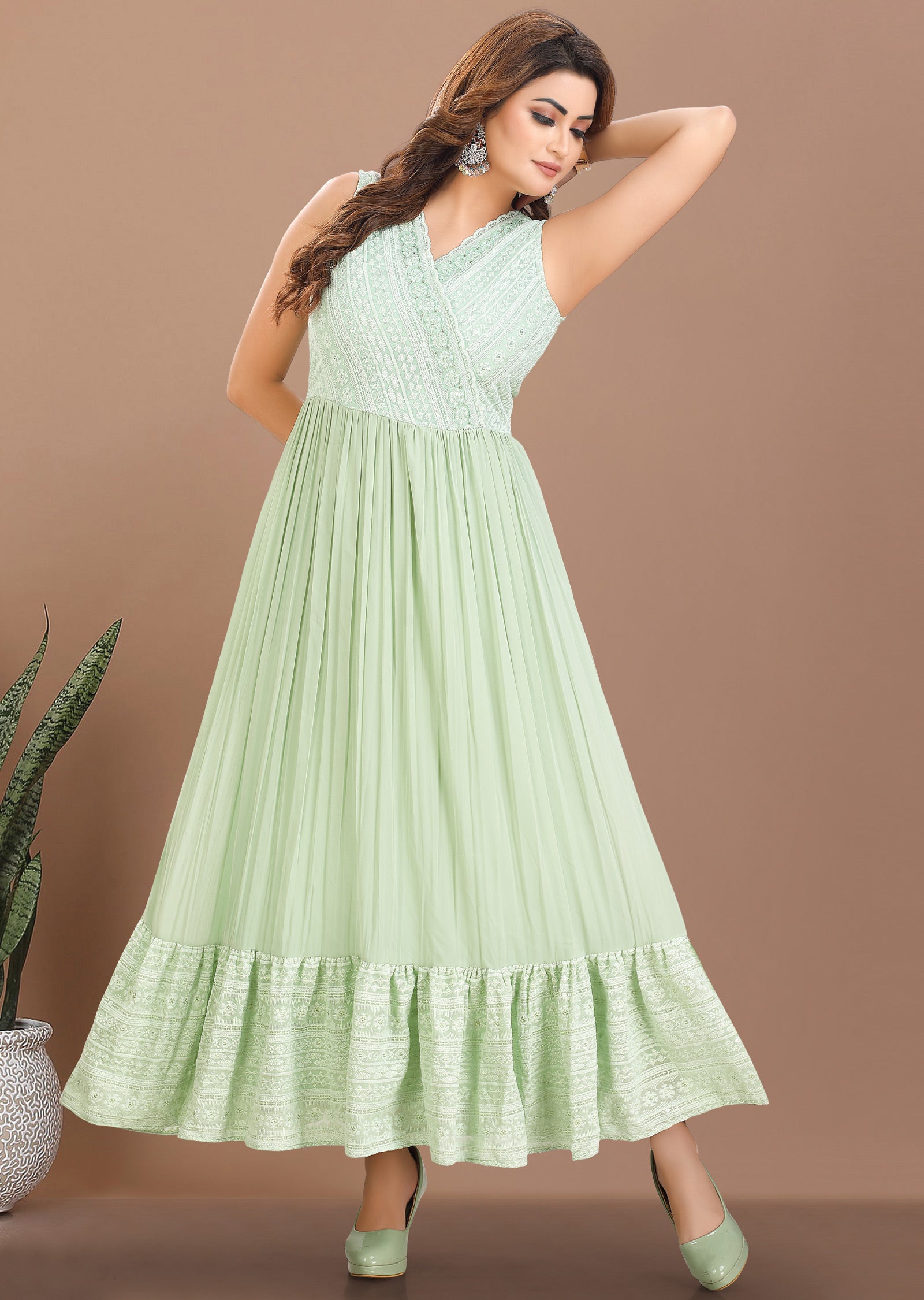 Pista Green Georgette Long Dress