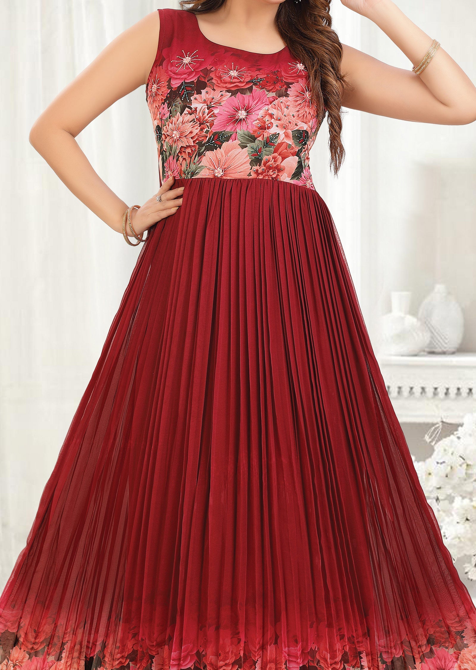 Maroon Georgette Long Dress