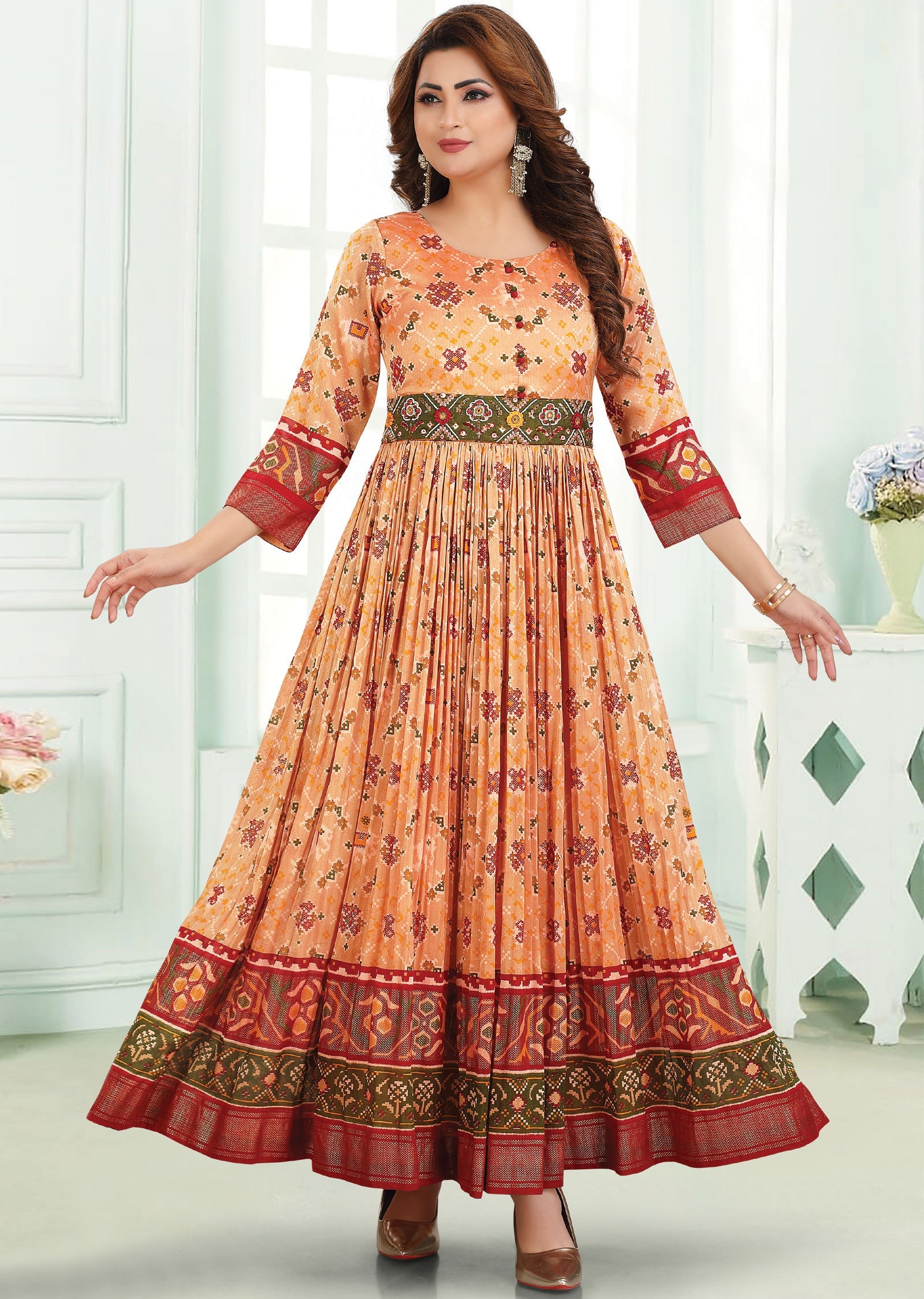 Peach & Green Silk Long Dress