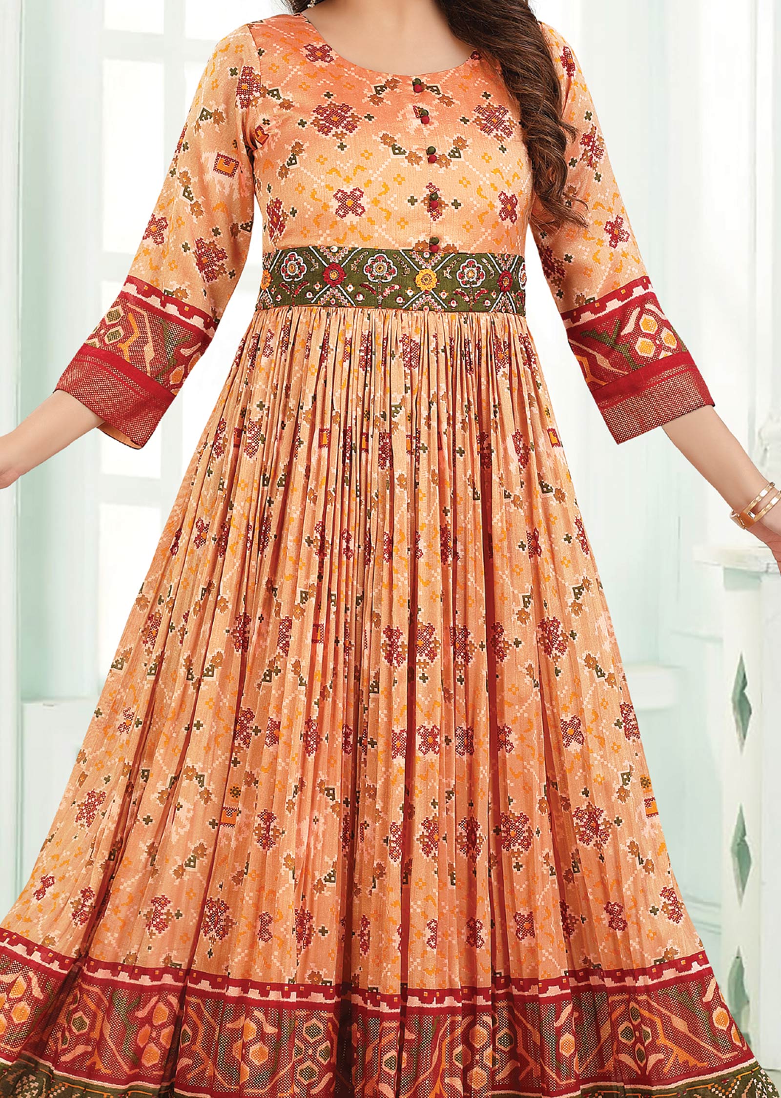 Peach & Green Silk Long Dress