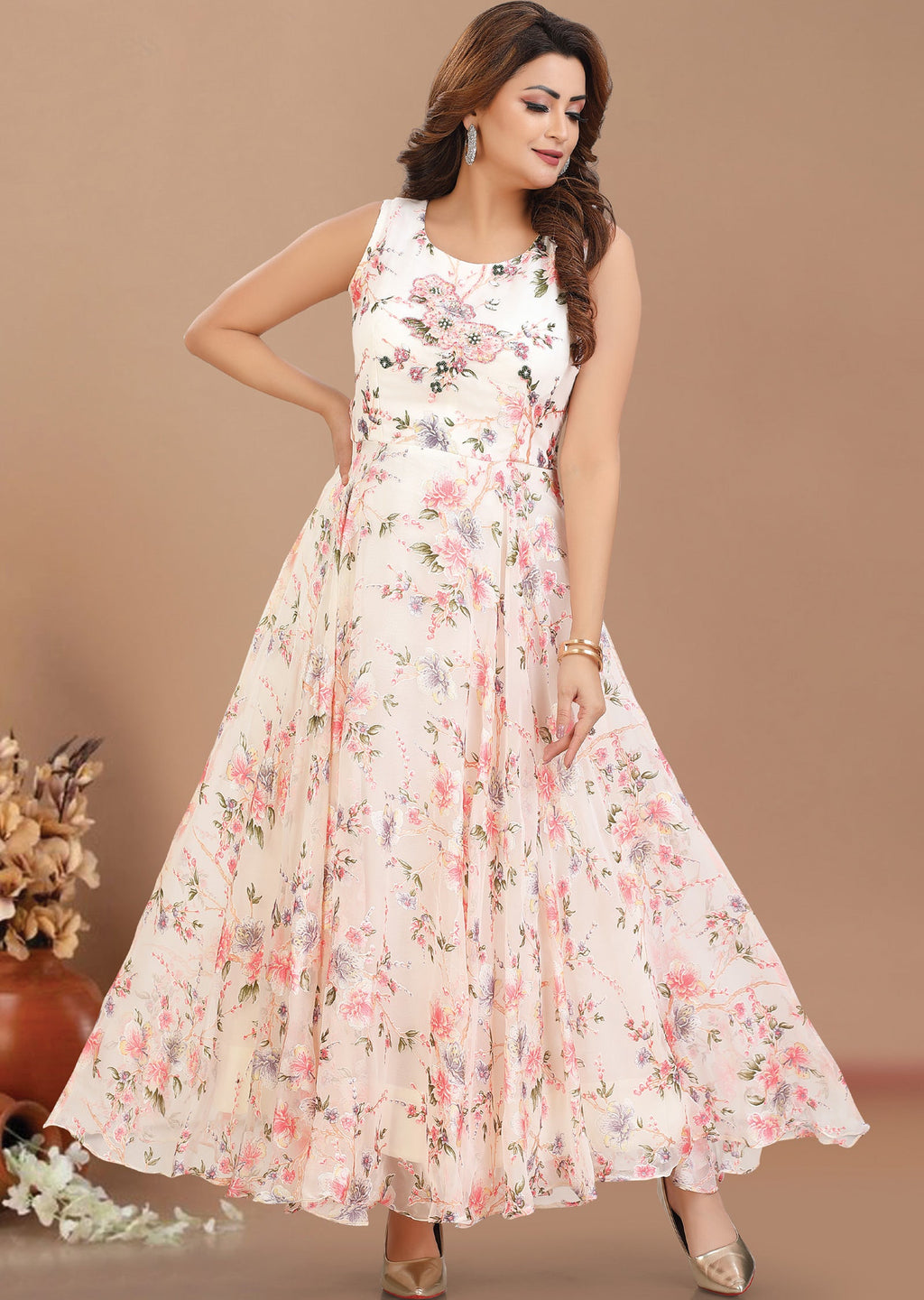 Off White & Pink Brasso Long Dress
