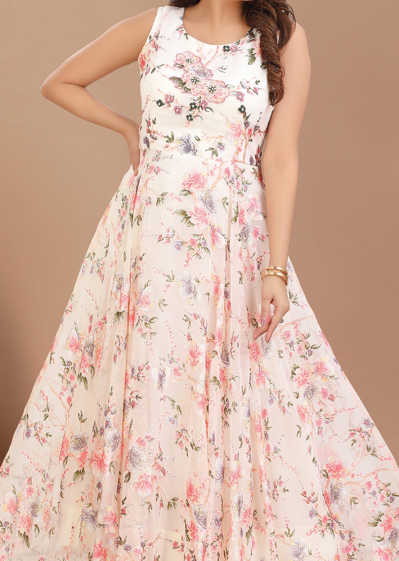 Off White & Pink Brasso Long Dress