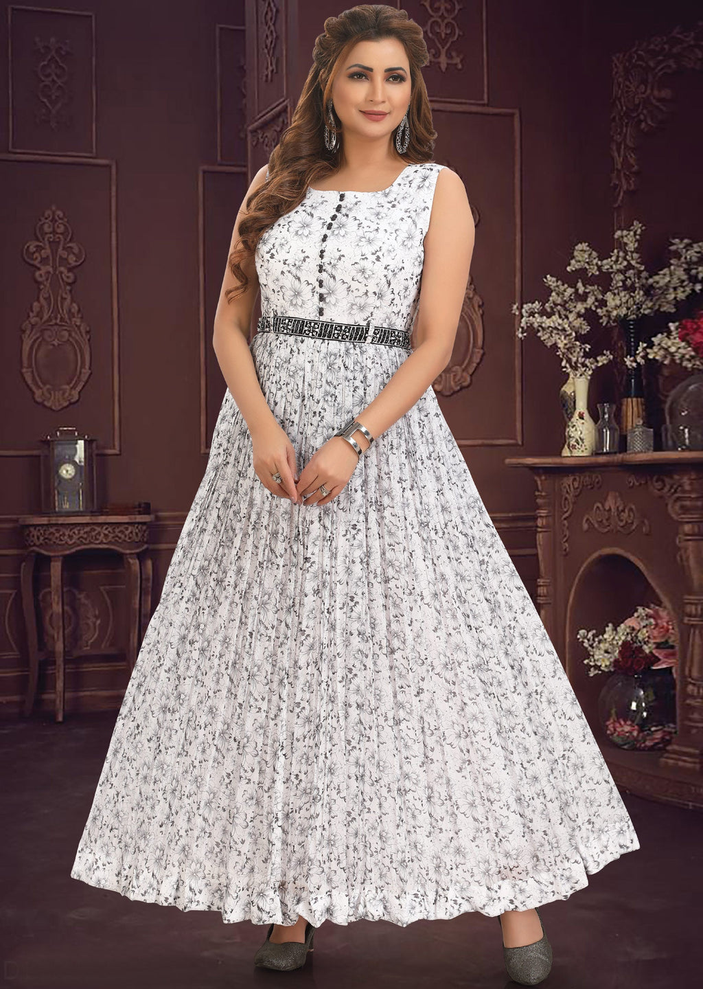 Off White & Black Chiffon Long Dress