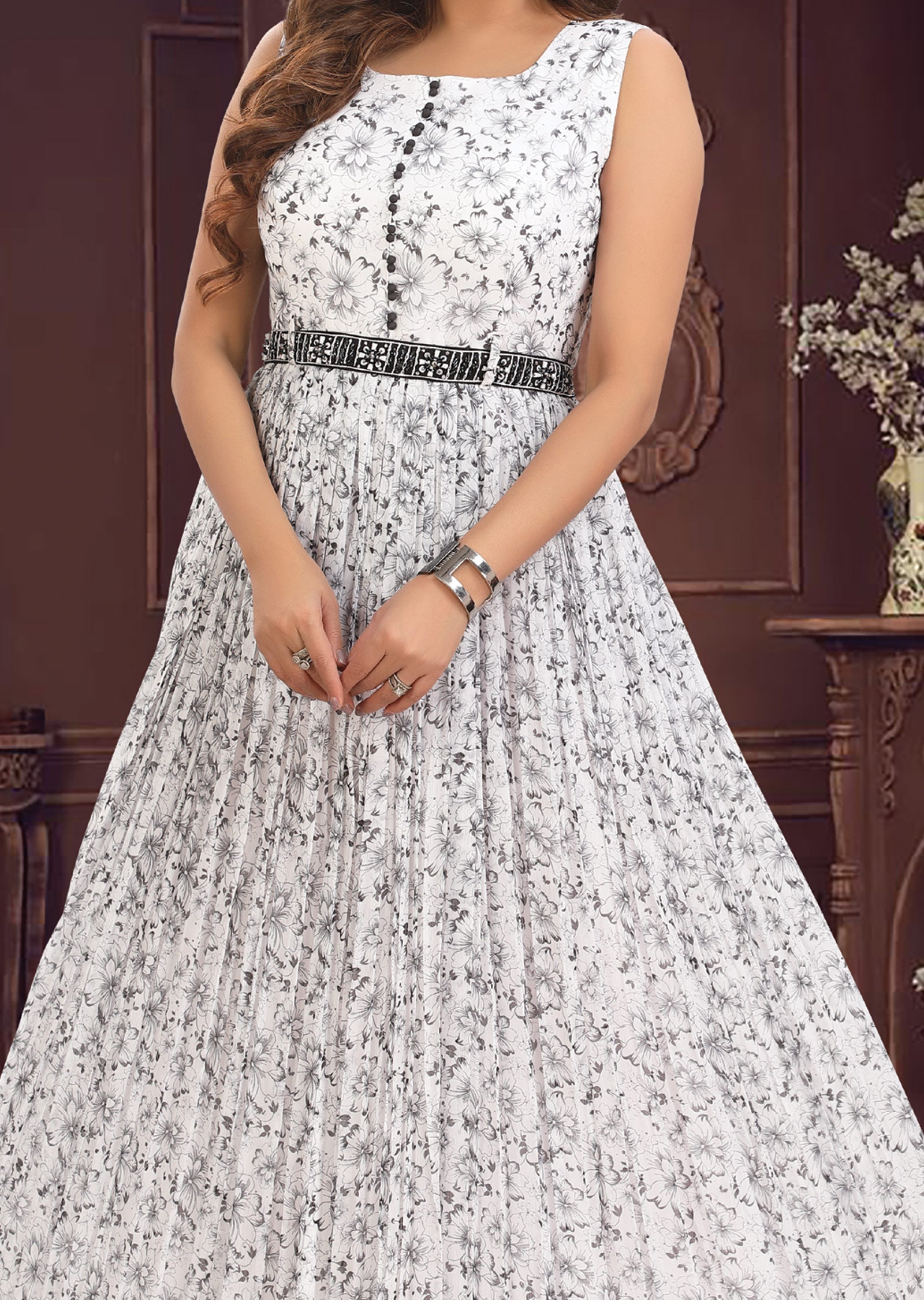 Off White & Black Chiffon Long Dress