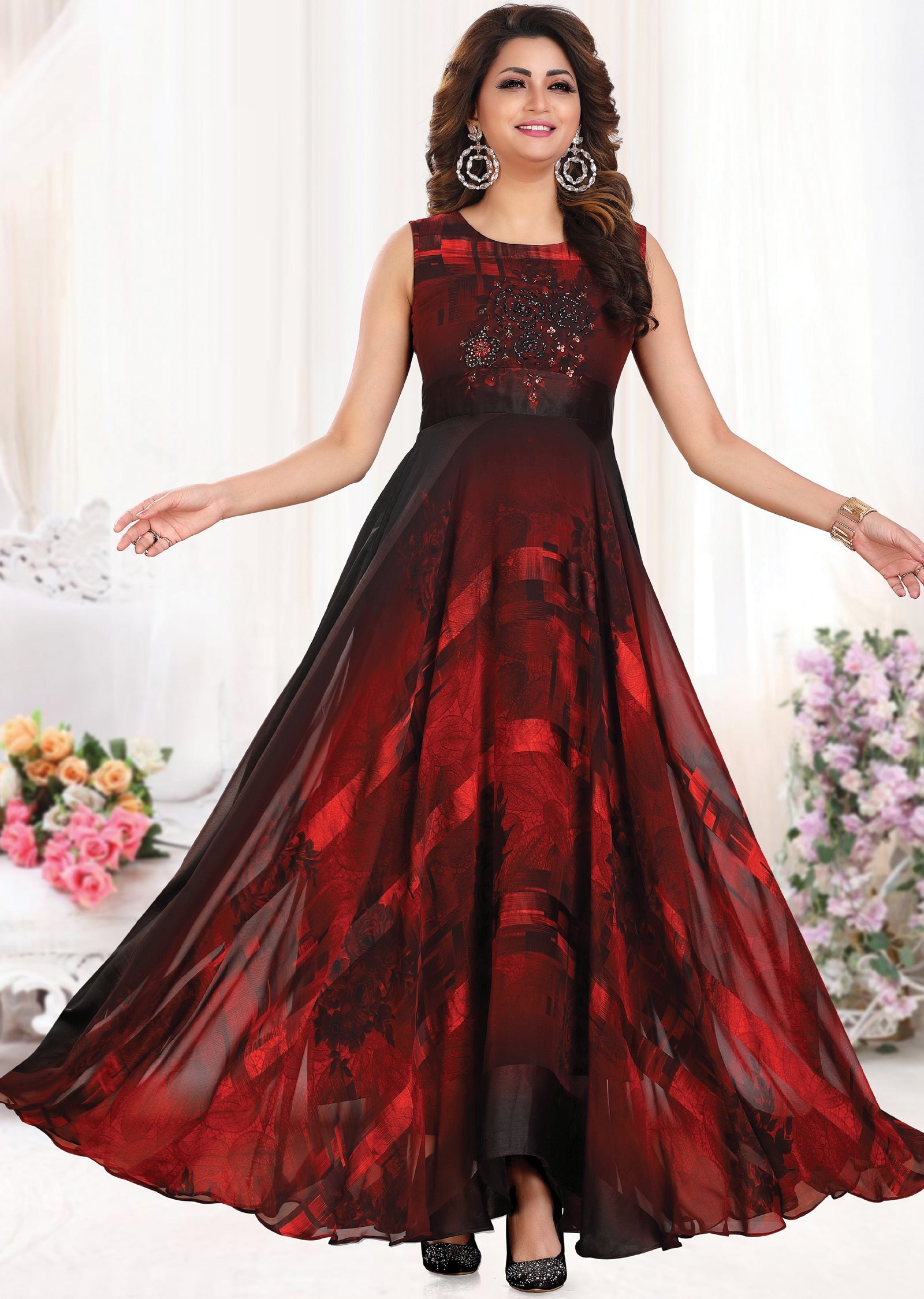 Maroon & Black Georgette Long Dress