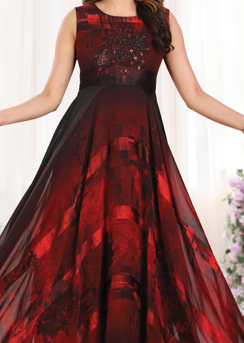 Maroon & Black Georgette Long Dress