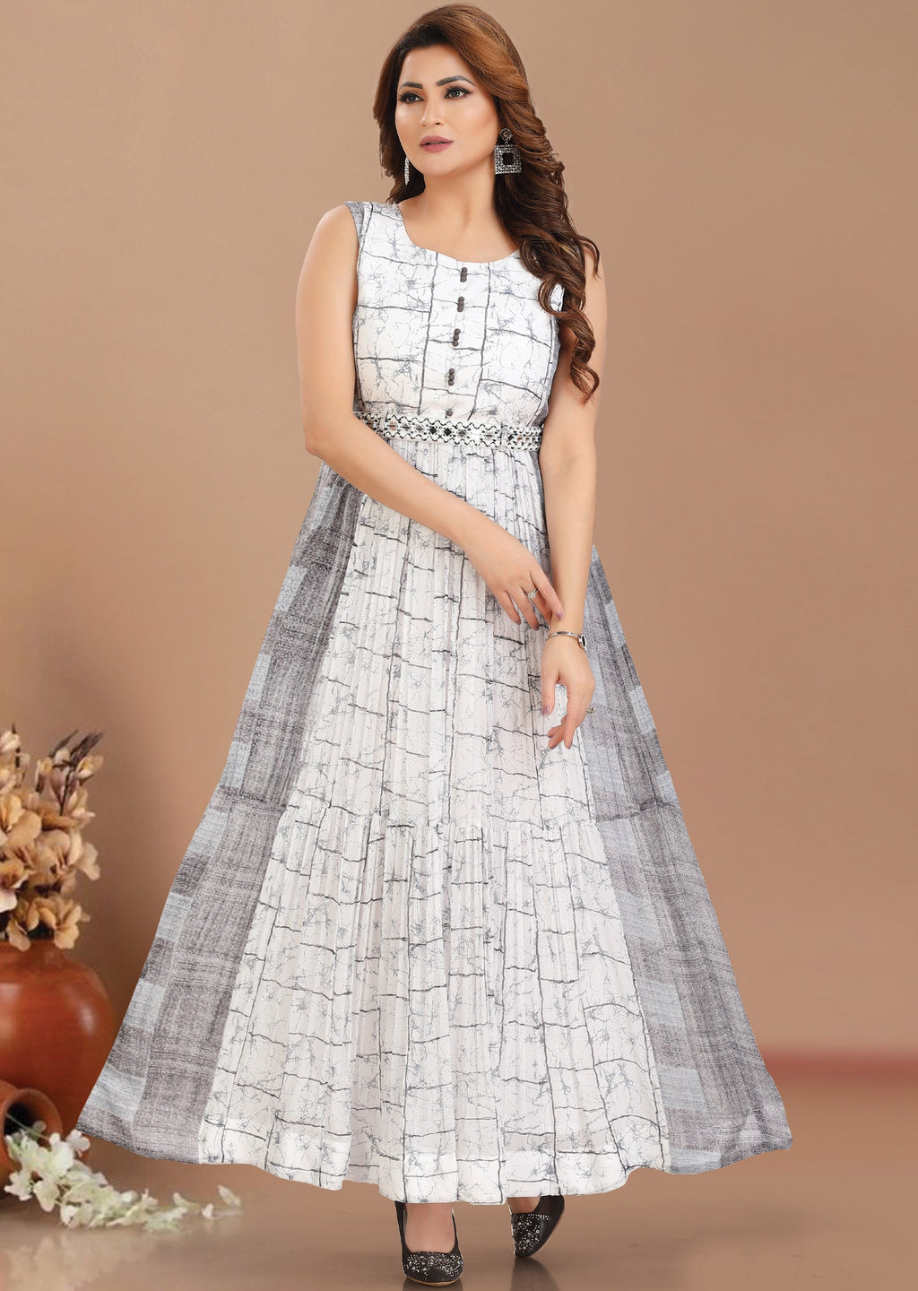 White & Blue Georgette Long Dress