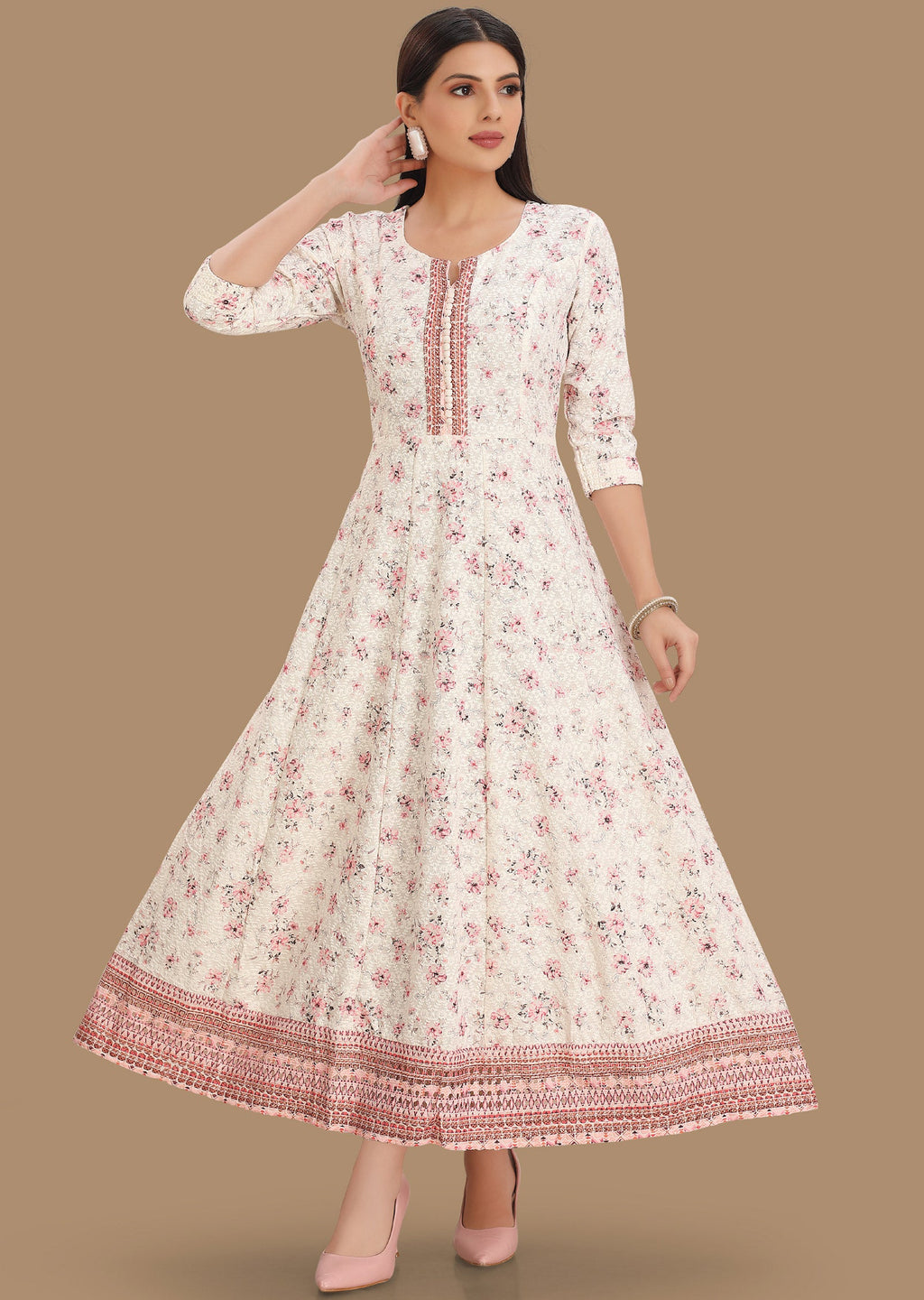 Off White Chikan Reyon Long Dress
