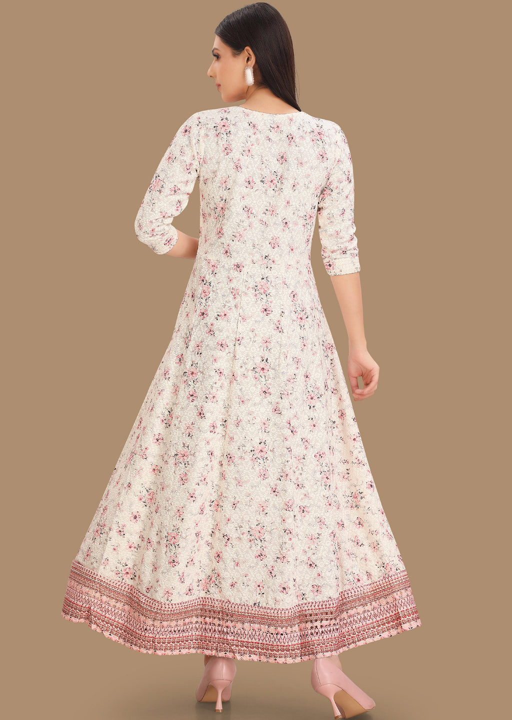 Off White Chikan Reyon Long Dress