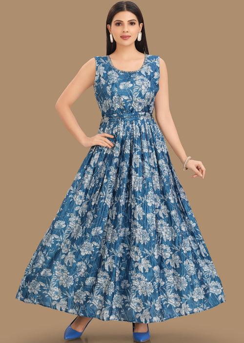 Blue Chinnon Long Dress