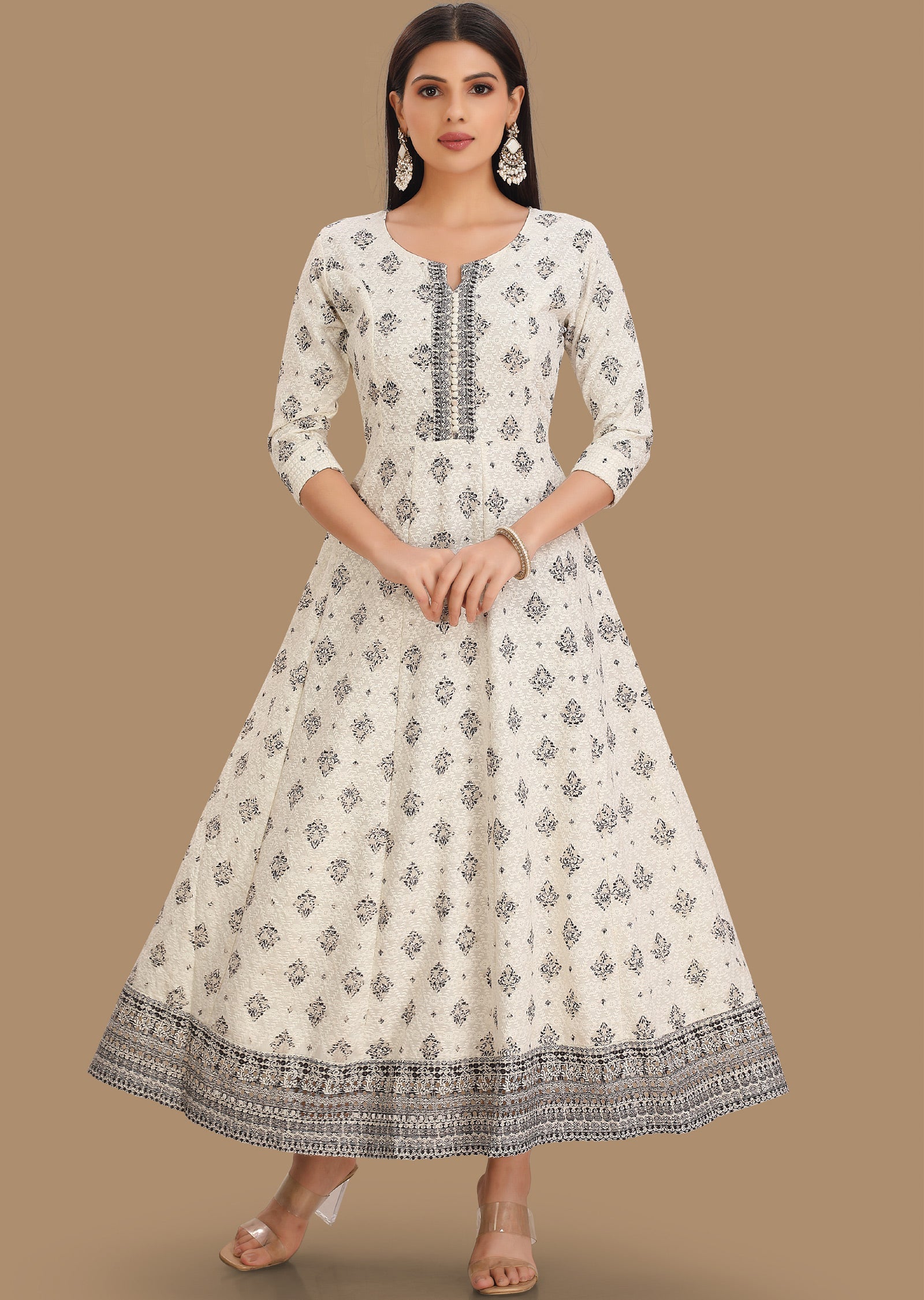 Off White & Black Chikan Reyon Long Dress