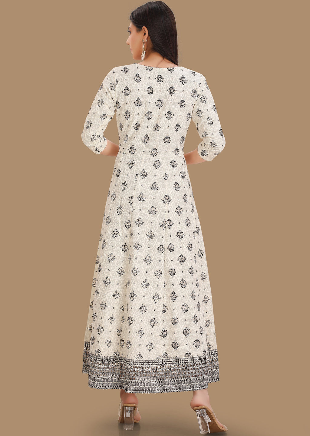 Off White & Black Chikan Reyon Long Dress