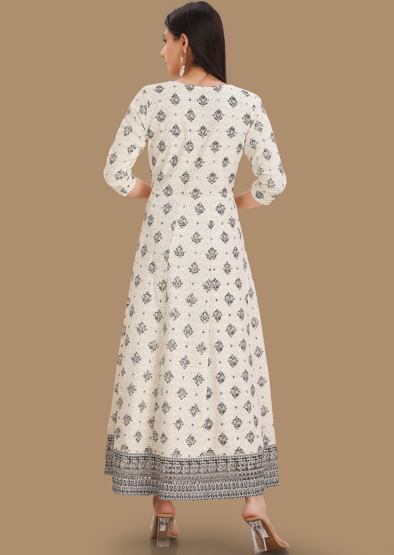 Off White & Black Chikan Reyon Long Dress