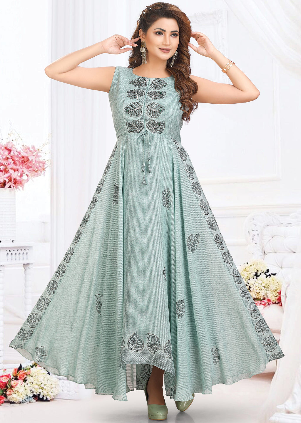 Sea Green Chinnon Georgette Long Dress