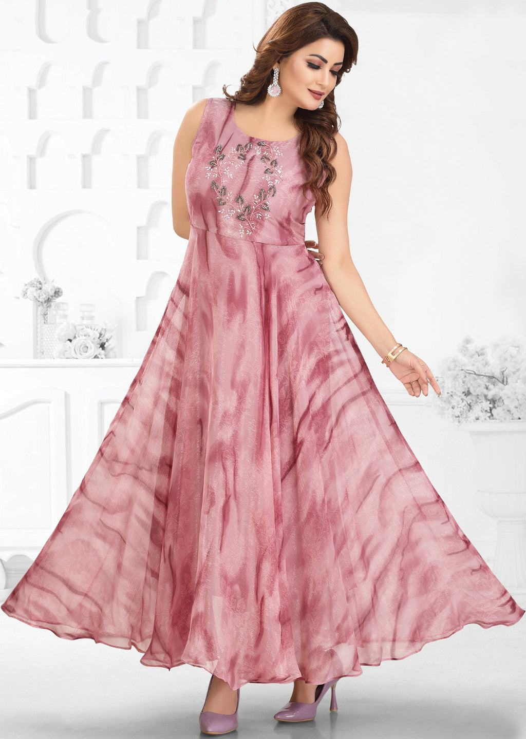 Onion Pink Shimmer Georgette Long Dress