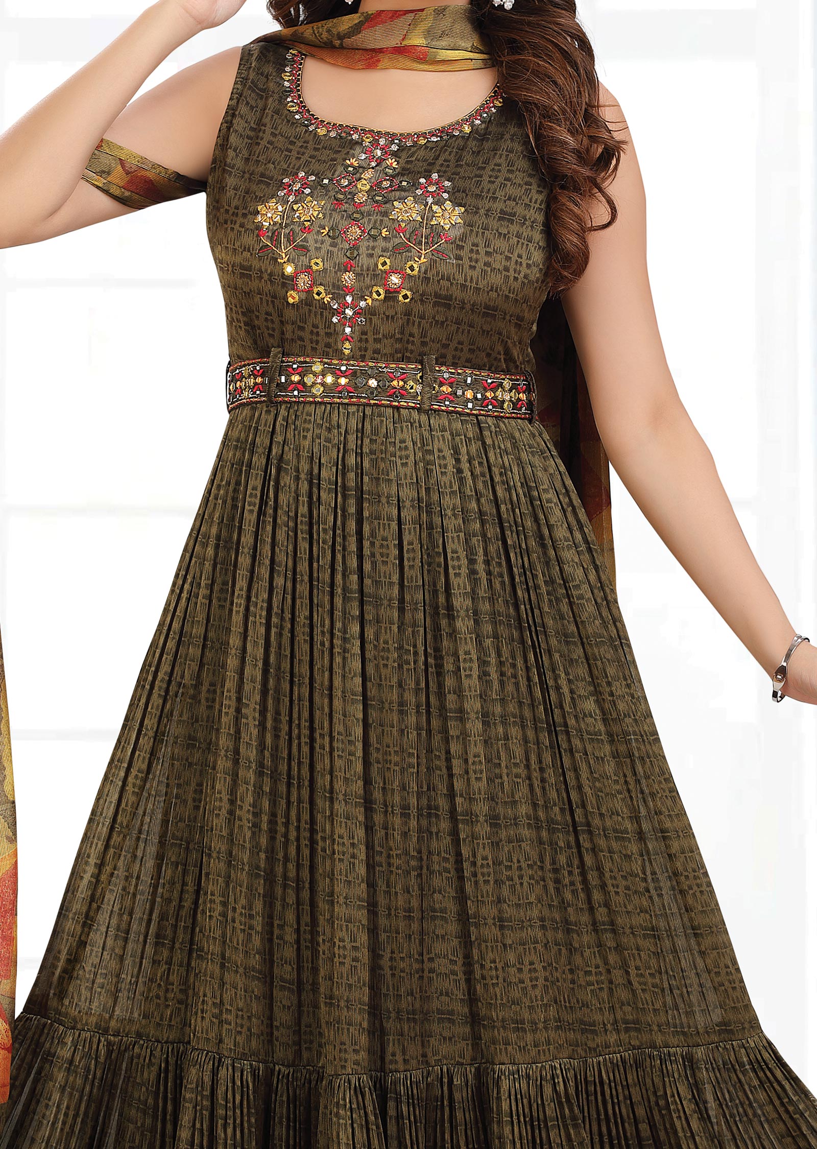 Olive Green Chiffon Long Dress