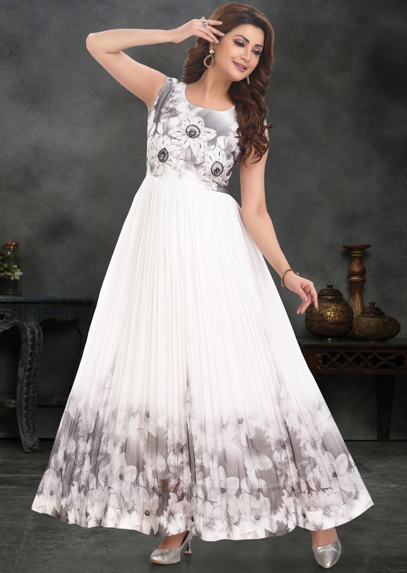 White & Grey Georgette Long Dress