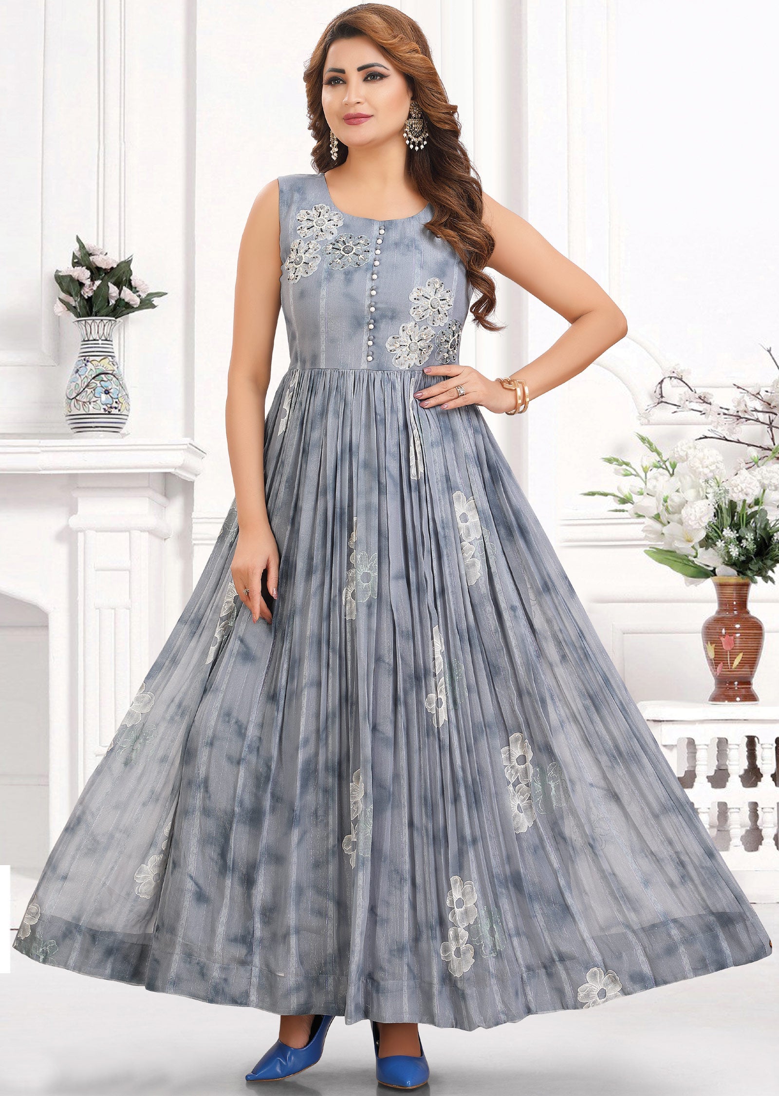 Light Grey Shimmer Georgette Long Dress