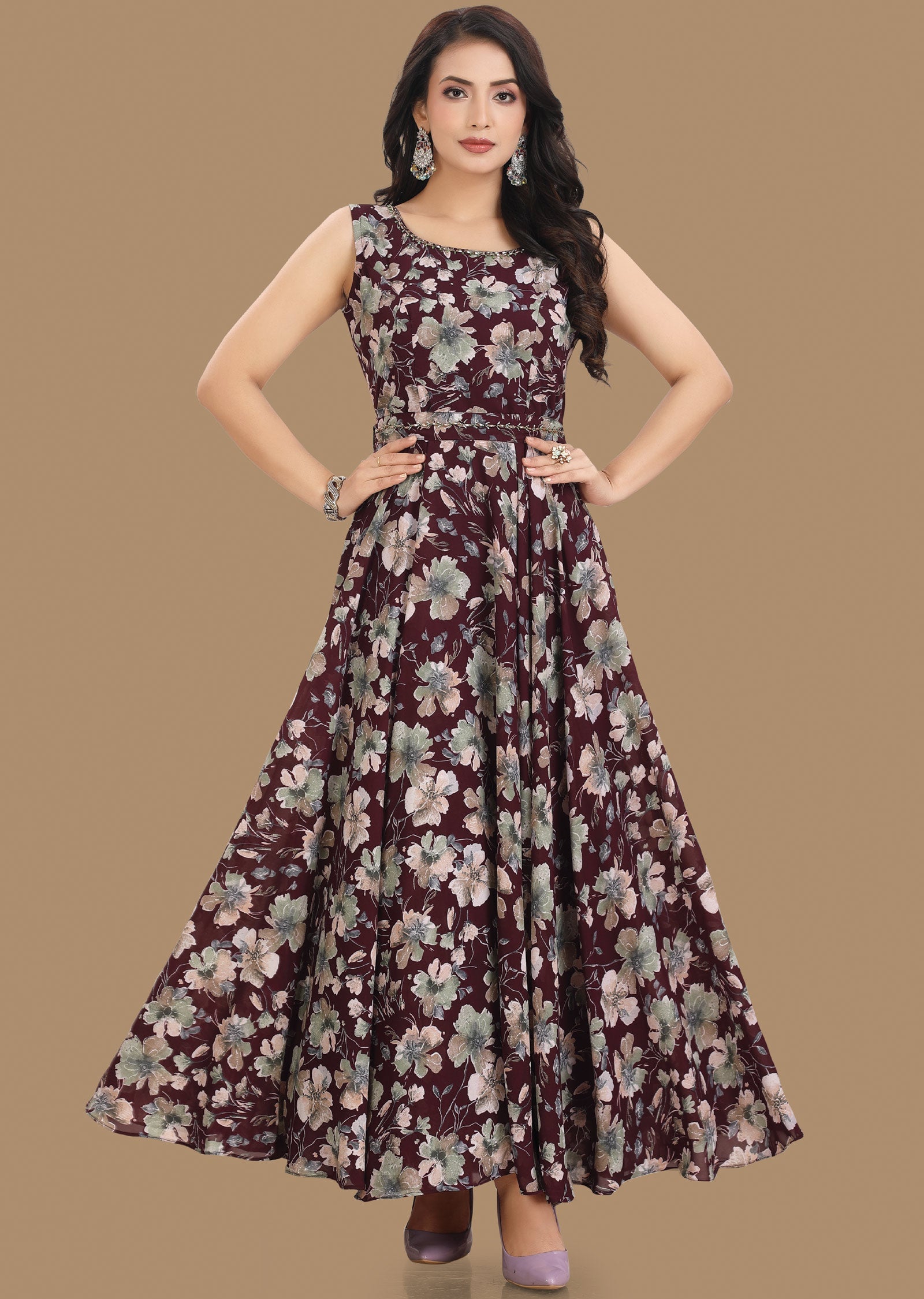 Wine Georgette Long Dress