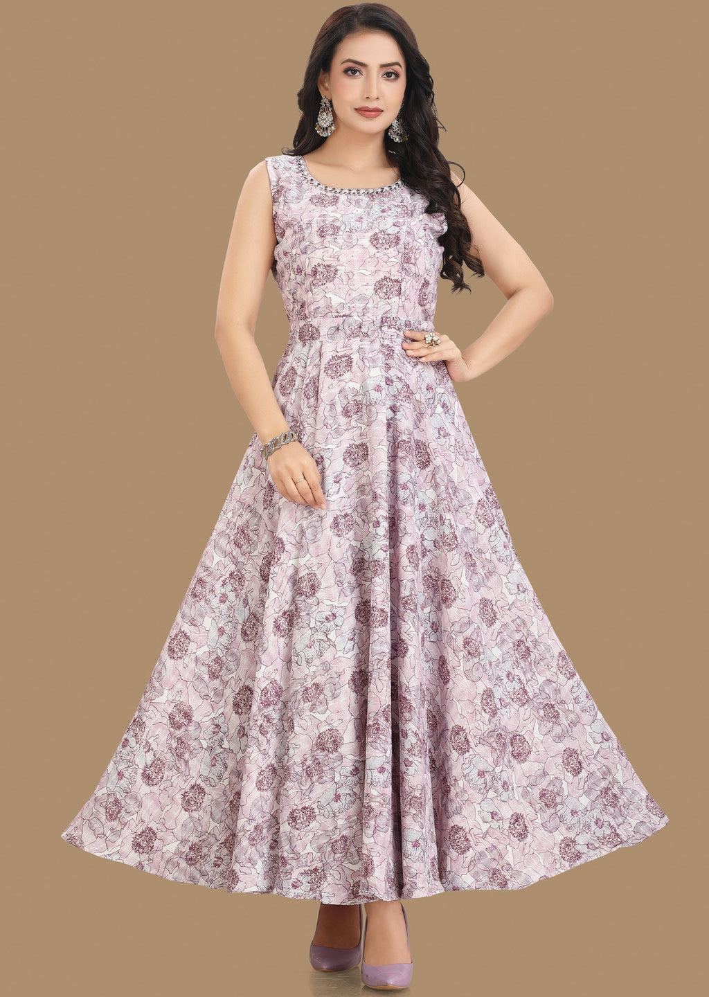Off White & Purple Georgette Long Dress