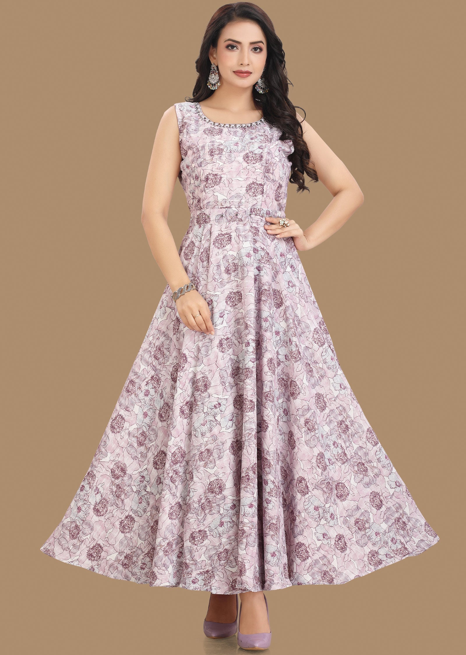 Off White & Purple Georgette Long Dress