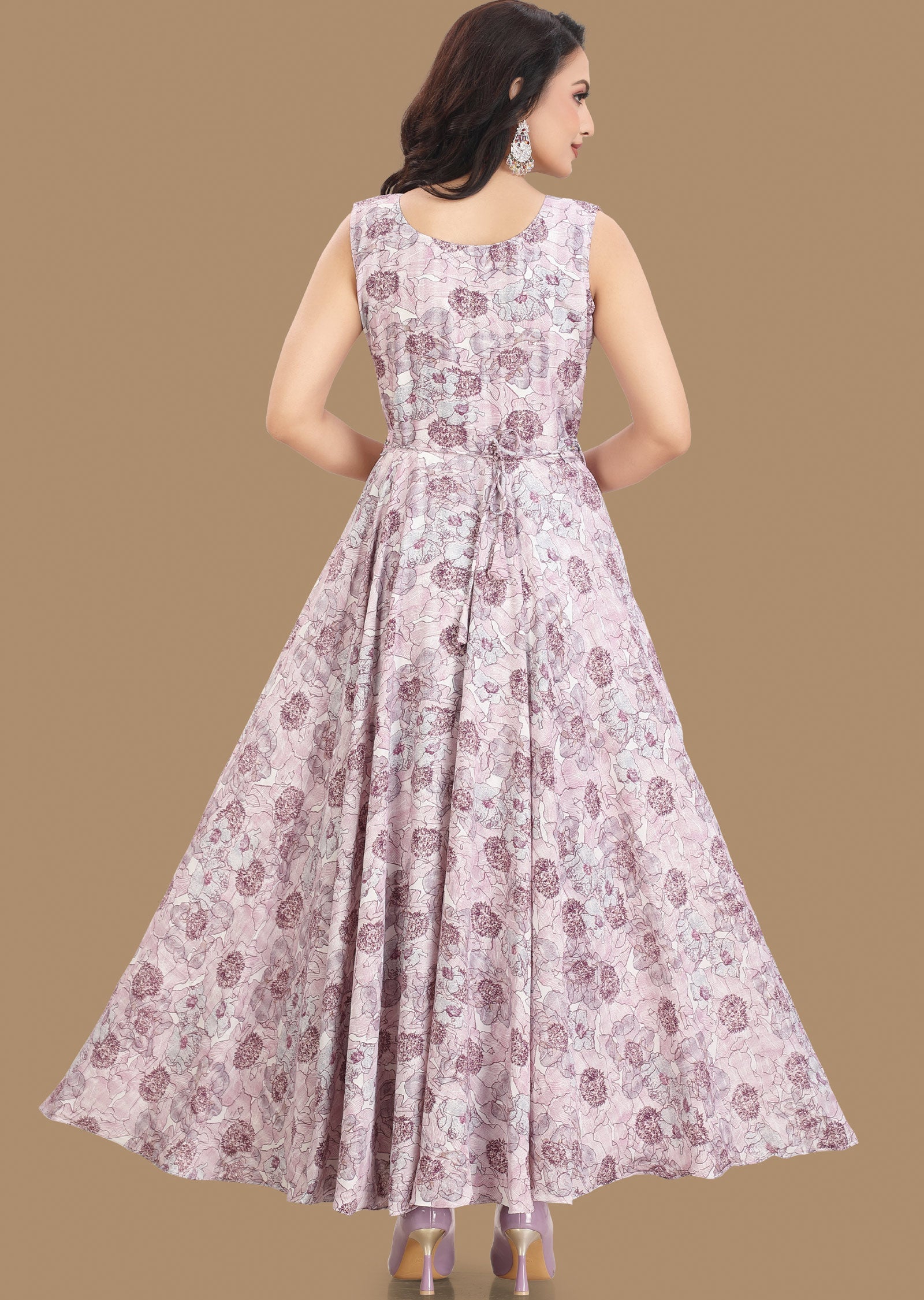 Off White & Purple Georgette Long Dress