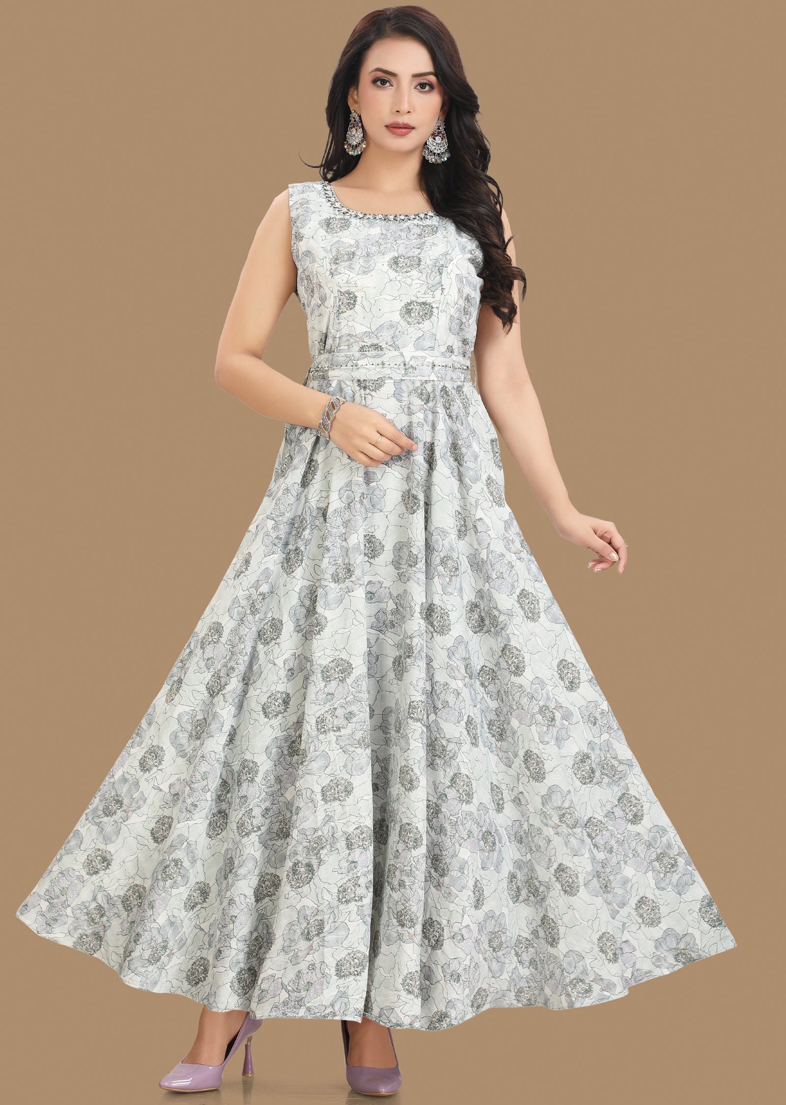 Off White & Green Georgette Long Dress