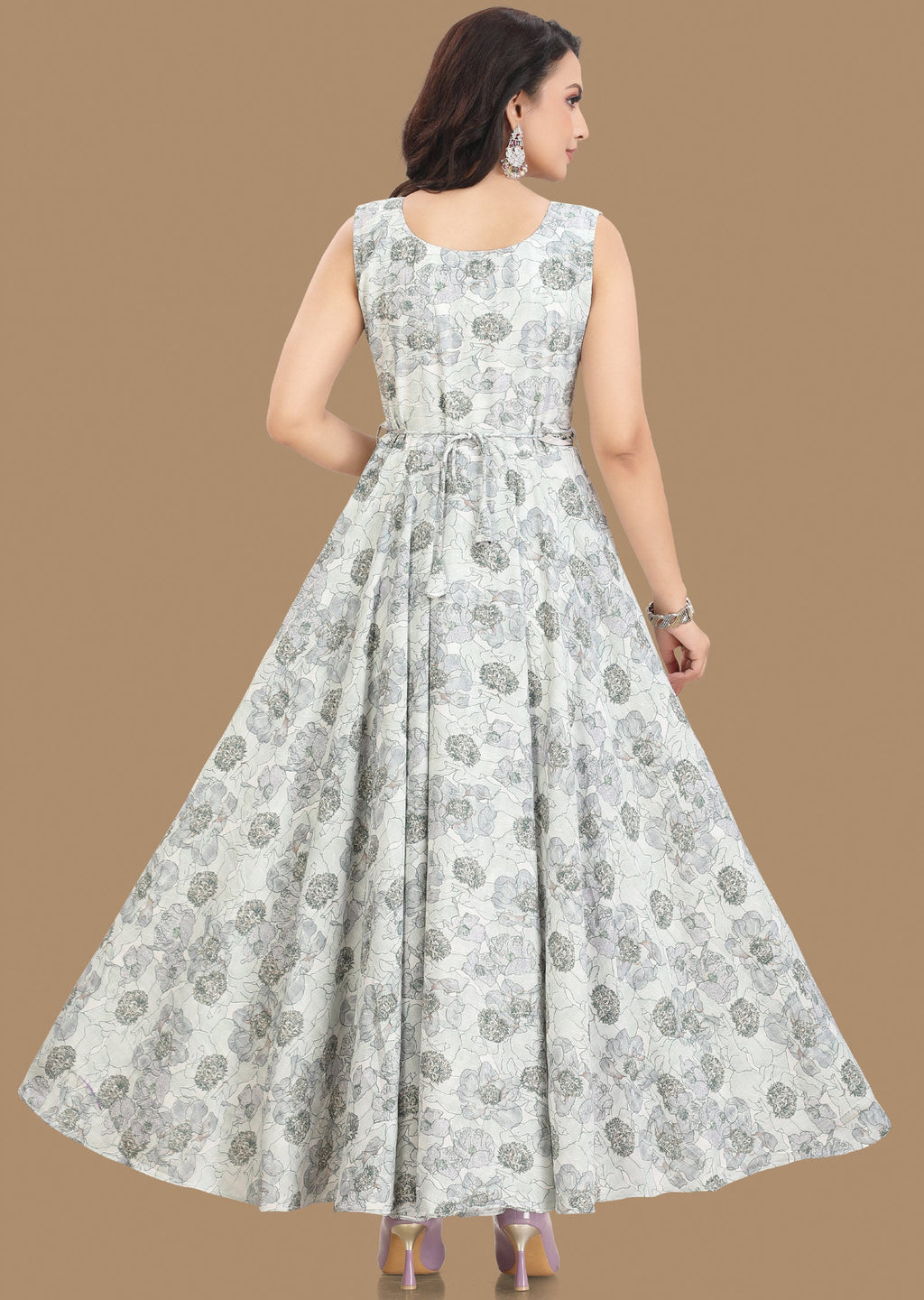 Off White & Green Georgette Long Dress