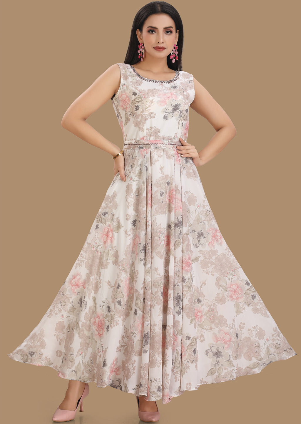 Off White Georgette Long Dress