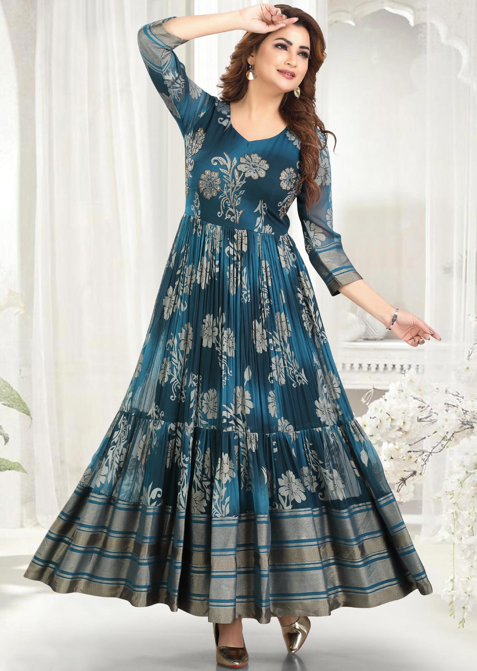 Peacock Blue Brasso Chiffon Long Dress