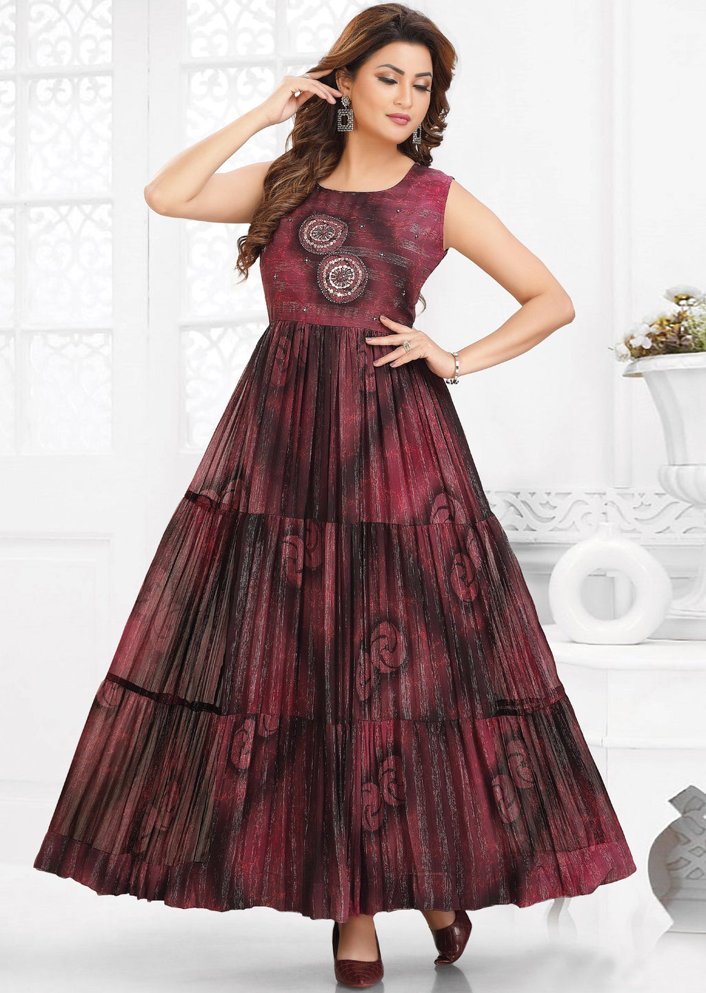 Wine Shimmer chiffon Long Dress