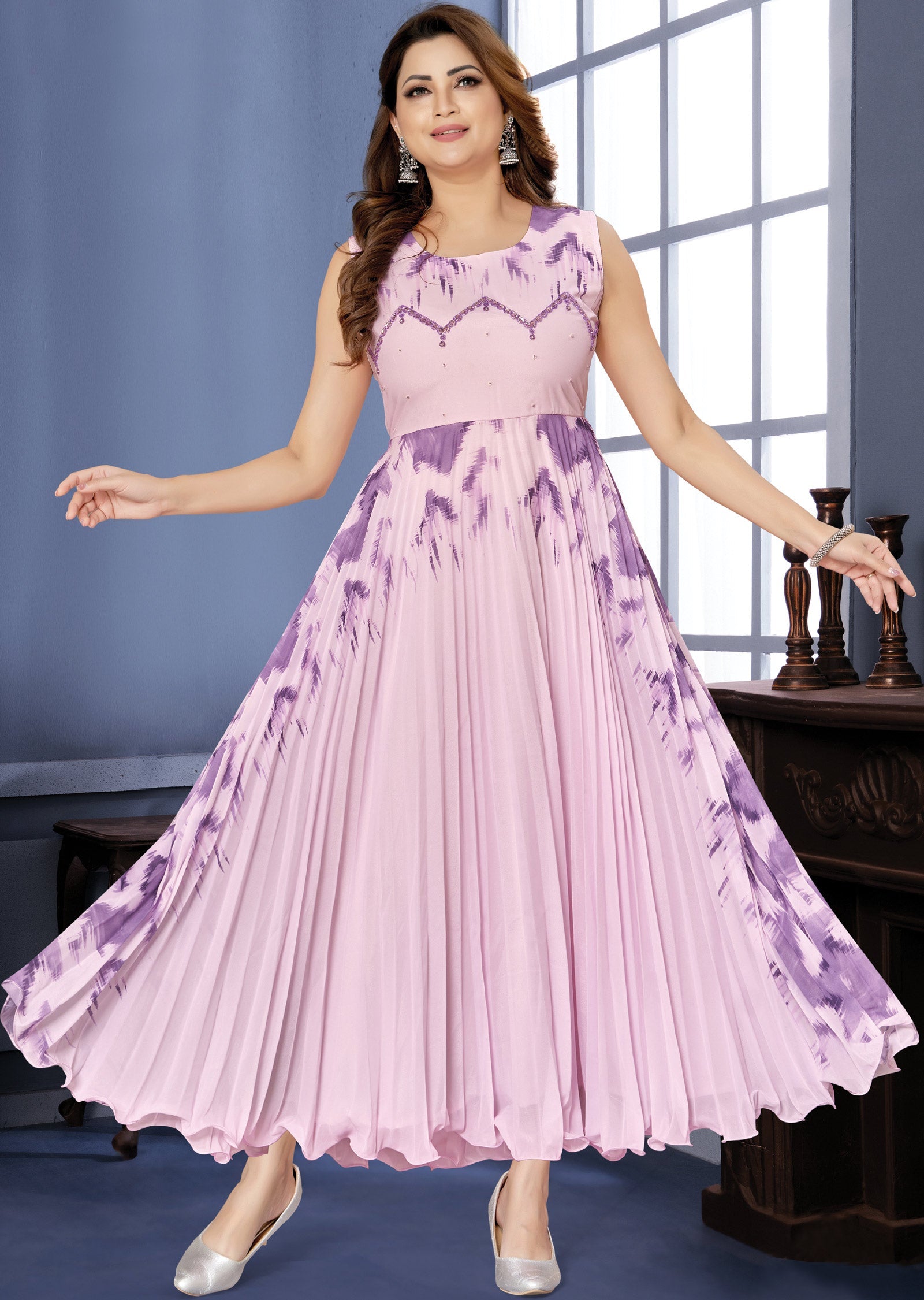 Pink & Lavender Georgette Long Dress