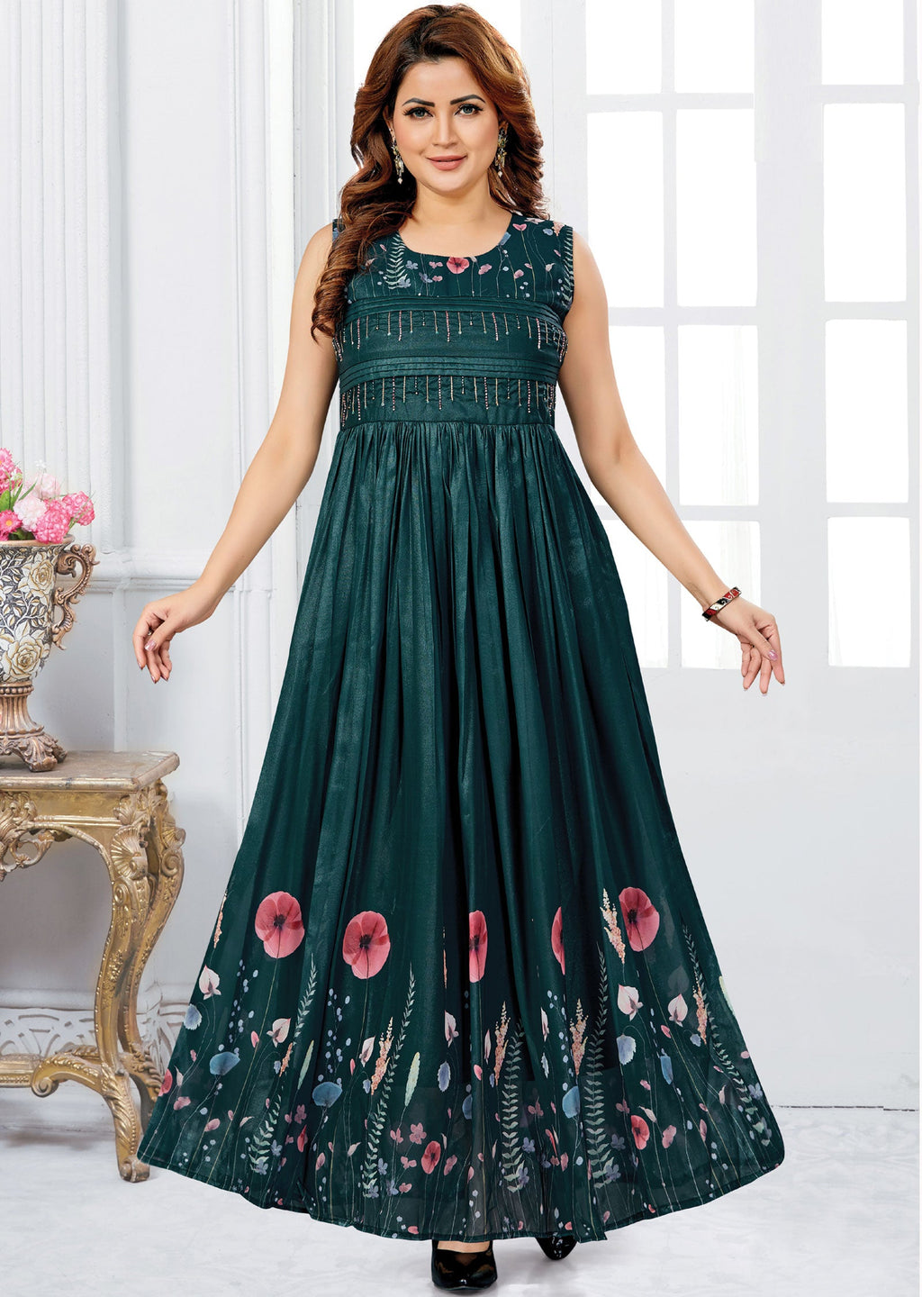 Green Tissue Georgette Long Dress