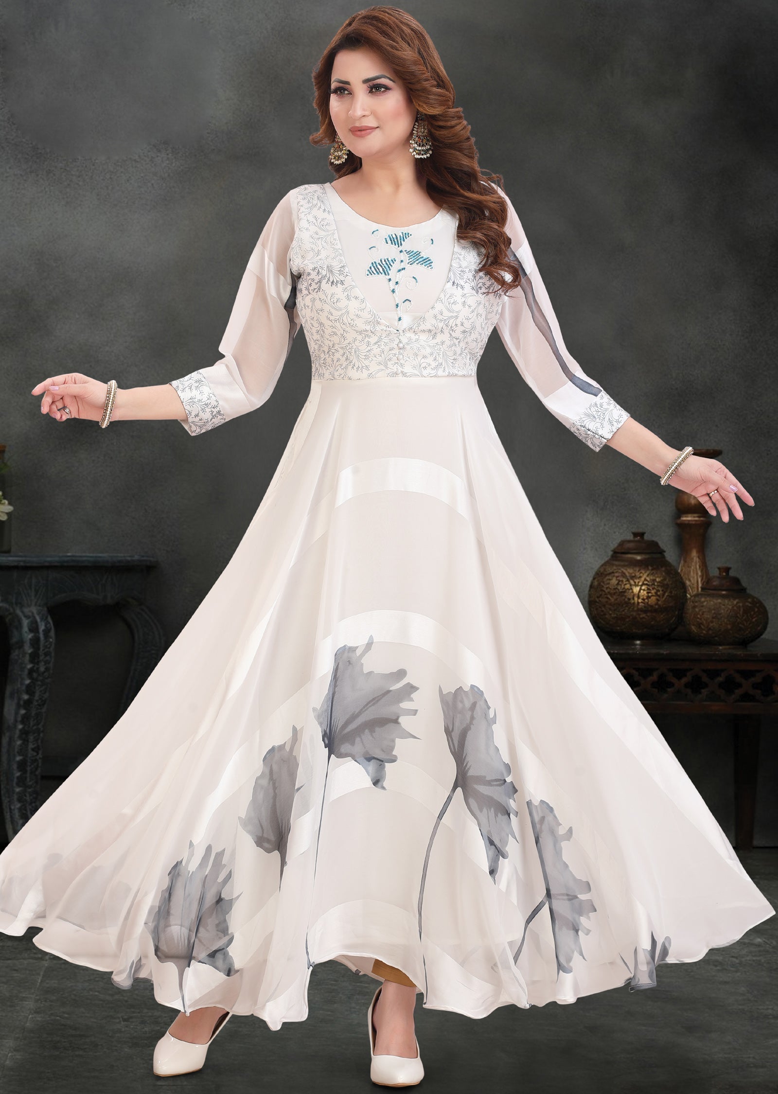Off White Satin Georgette Long Dress