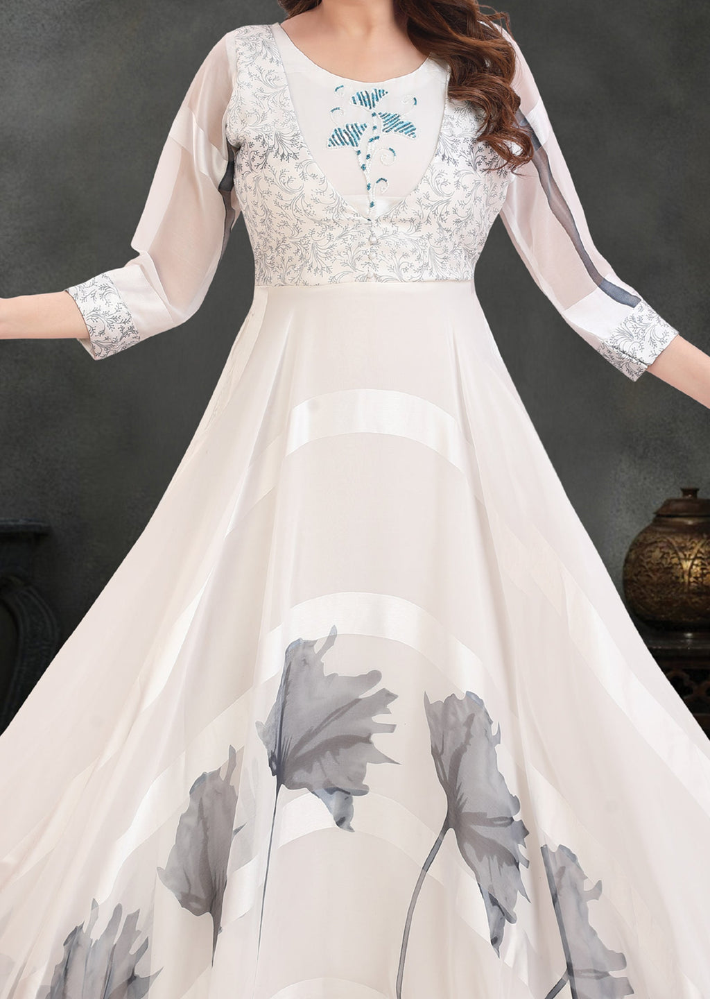 Off White Satin Georgette Long Dress