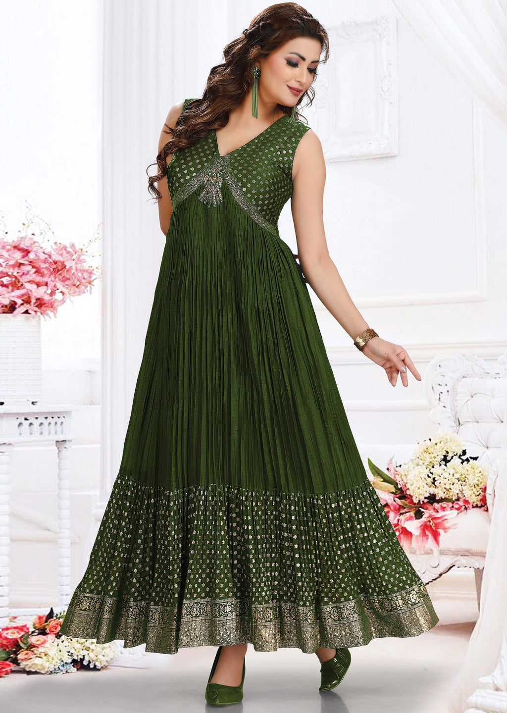 Olive Green Silk Long Dress