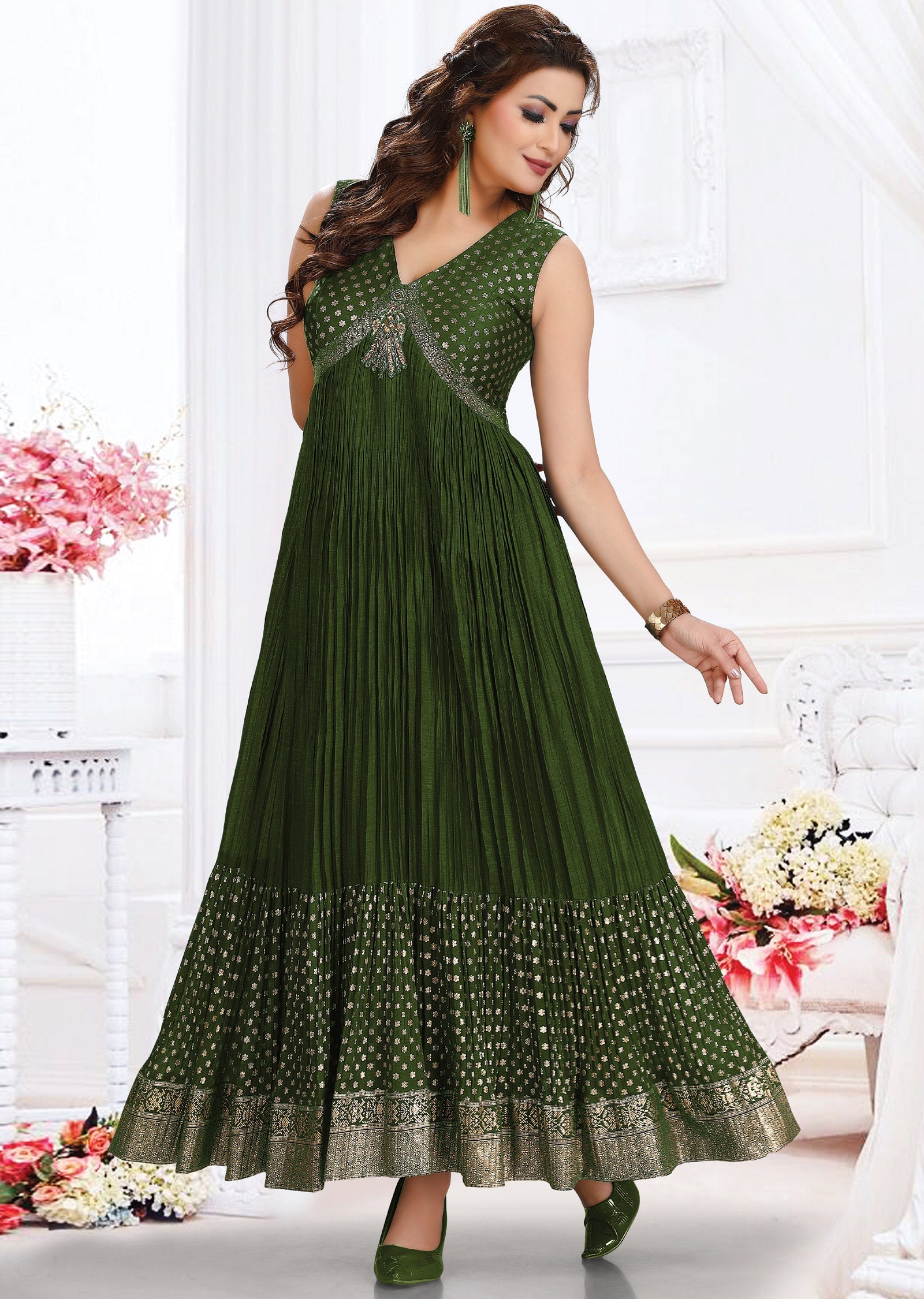Olive Green Silk Long Dress