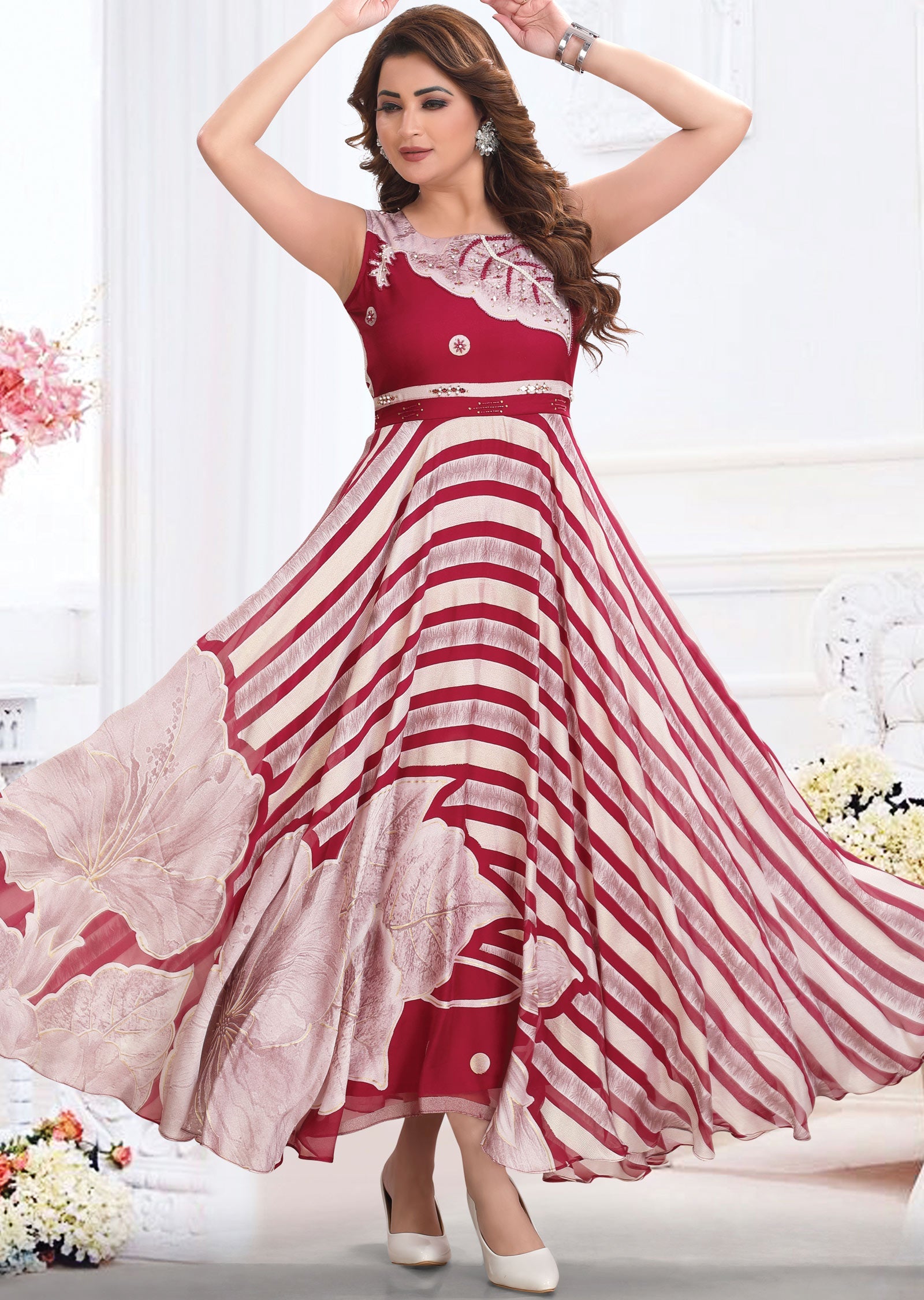 Magenta Pink Brasso Chiffon Long Dress