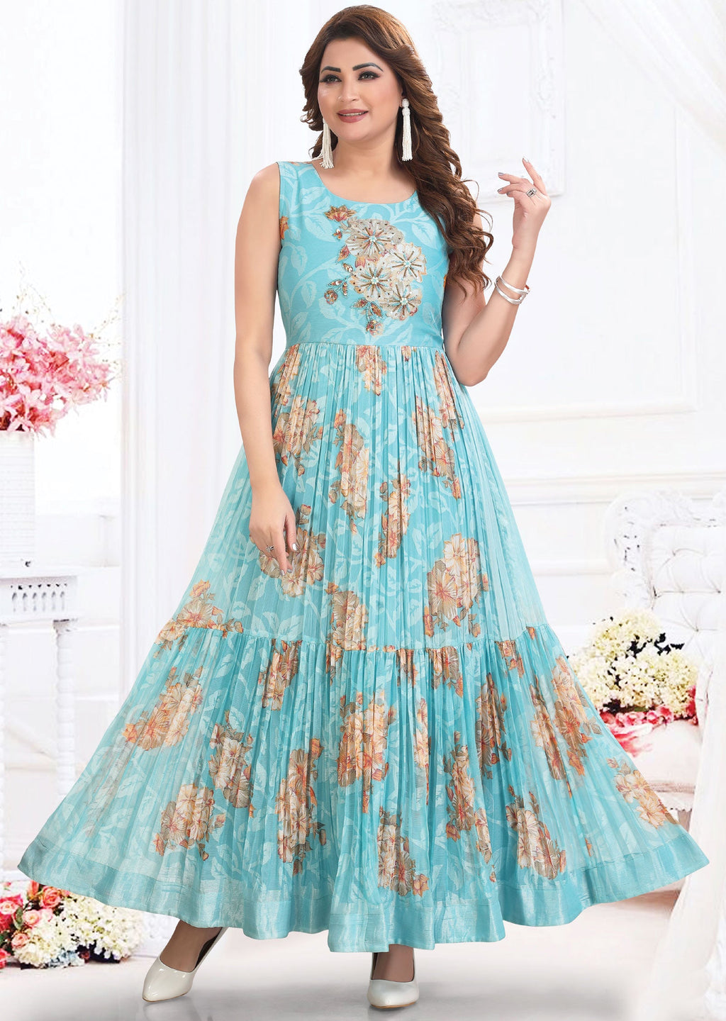Sea Green Brasso Chiffon Long Dress